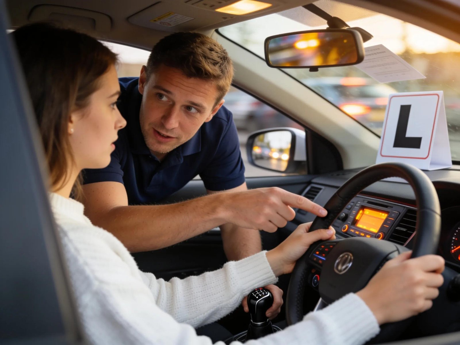 Driving instructor coaching a learner on essential preparation tips for driving test success