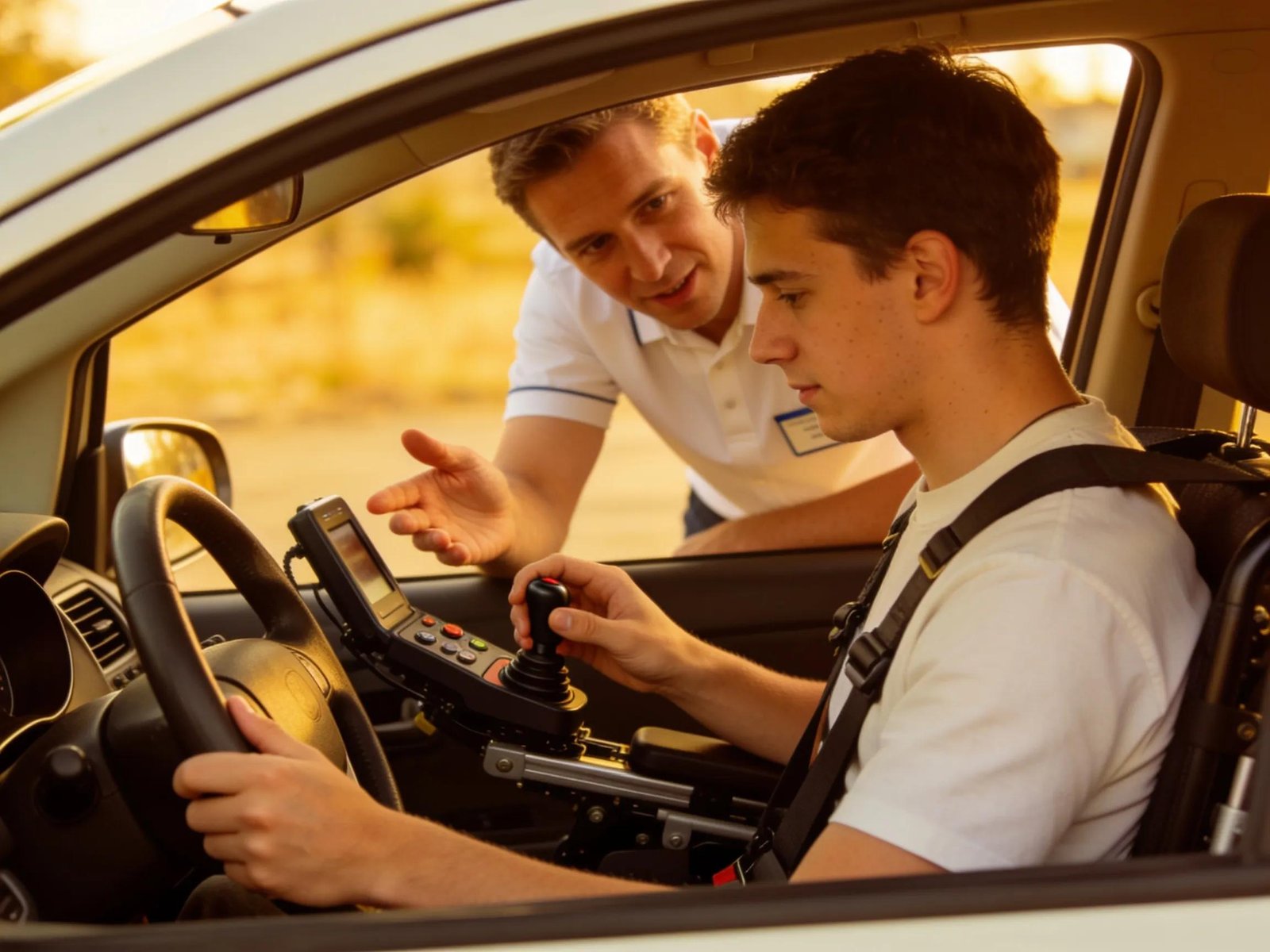 Instructor assisting a learner with disabilities during a driving lesson