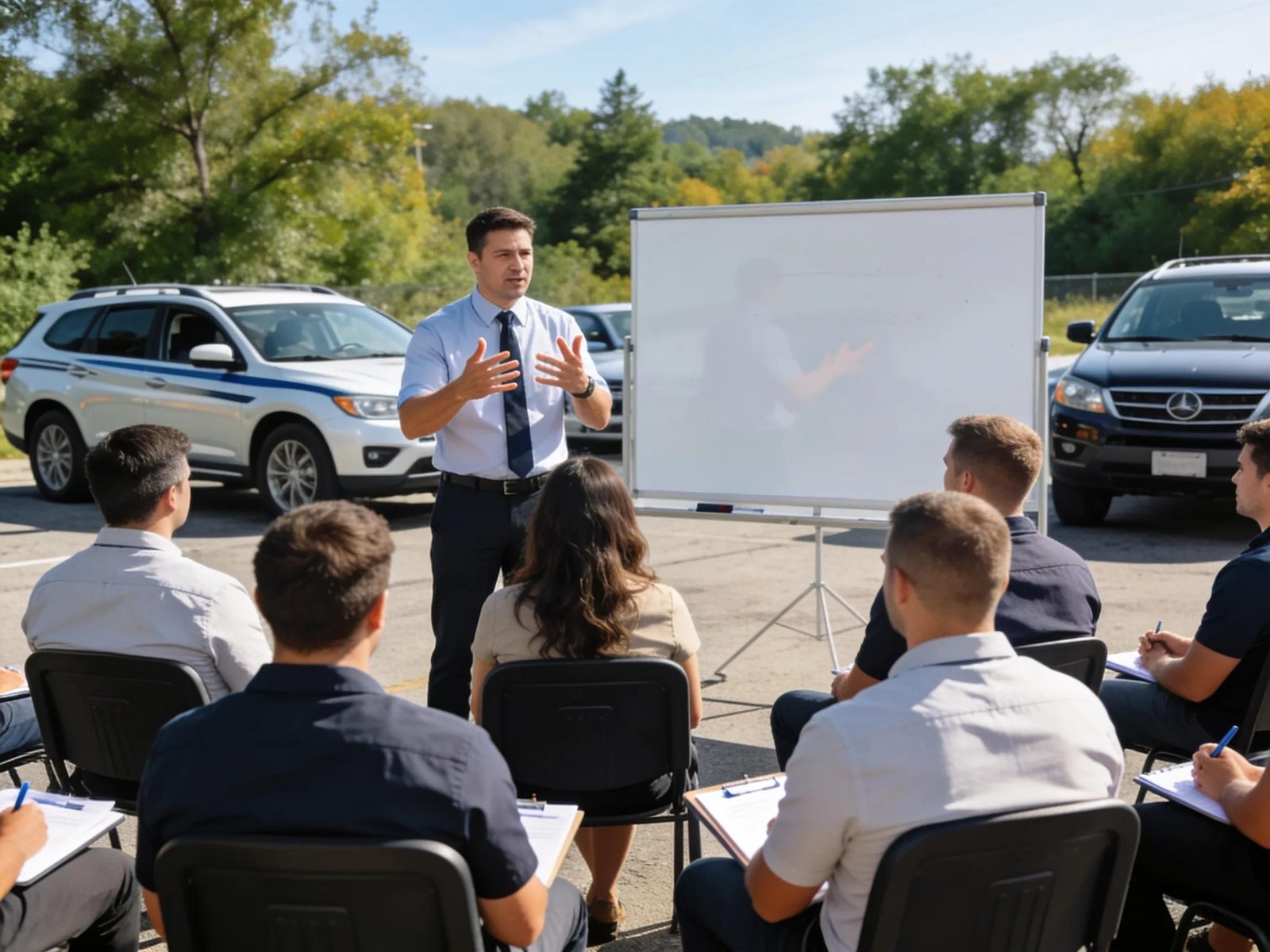 Engaged employees participating in a corporate driving training session outdoors, emphasizing safety and teamwork