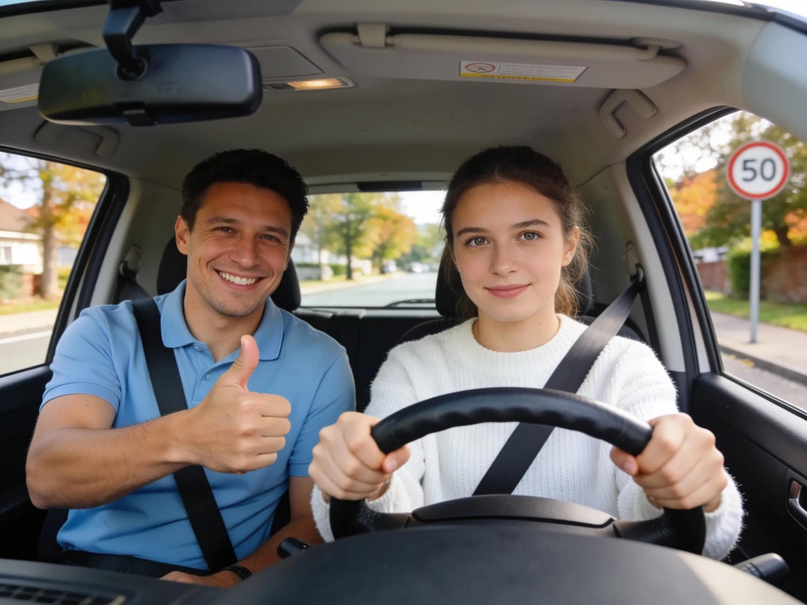 Driving instructor providing guidance to a learner driver during a practice session
