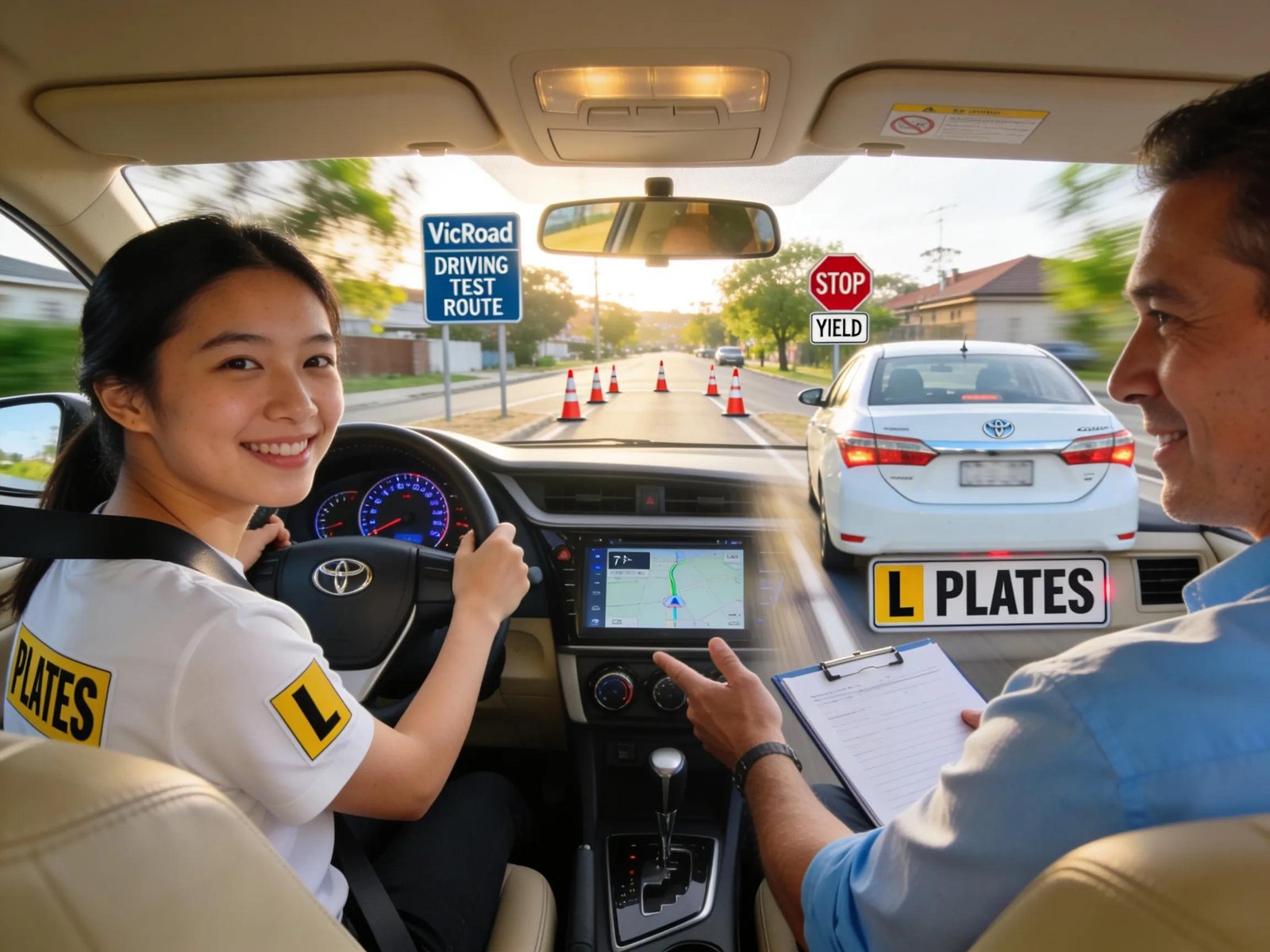 Young learner driver preparing for VicRoads driving test in a modern driving school vehicle