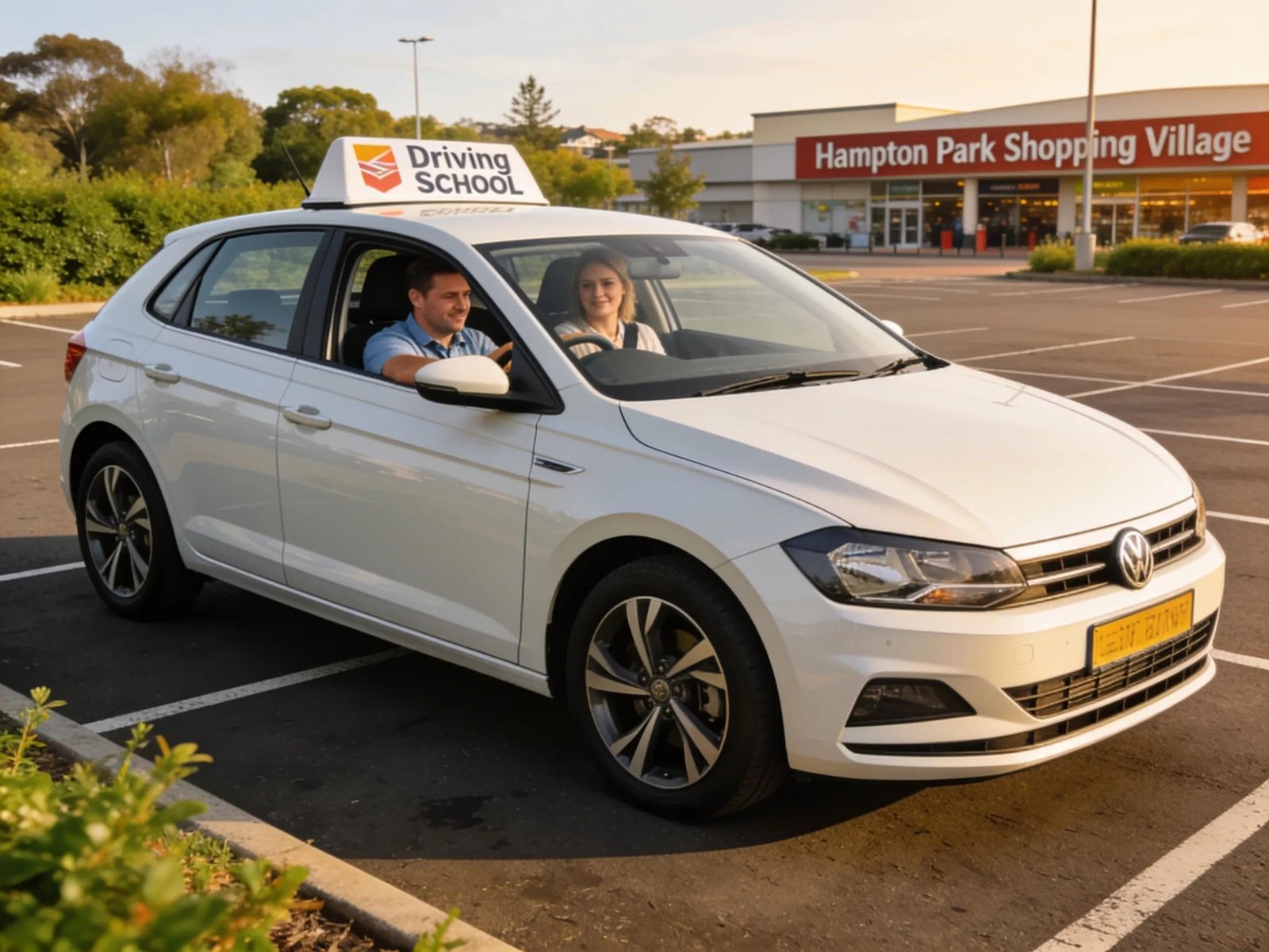Learner driver practicing in a parking lot near Hampton Park Shopping Village, signifying supportive driving instruction