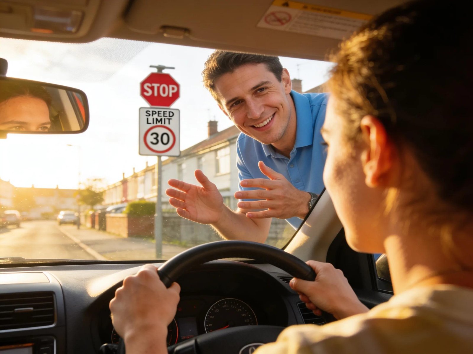 Learner driver engaged in a mock driving test with an instructor, highlighting the learning process and test preparation.