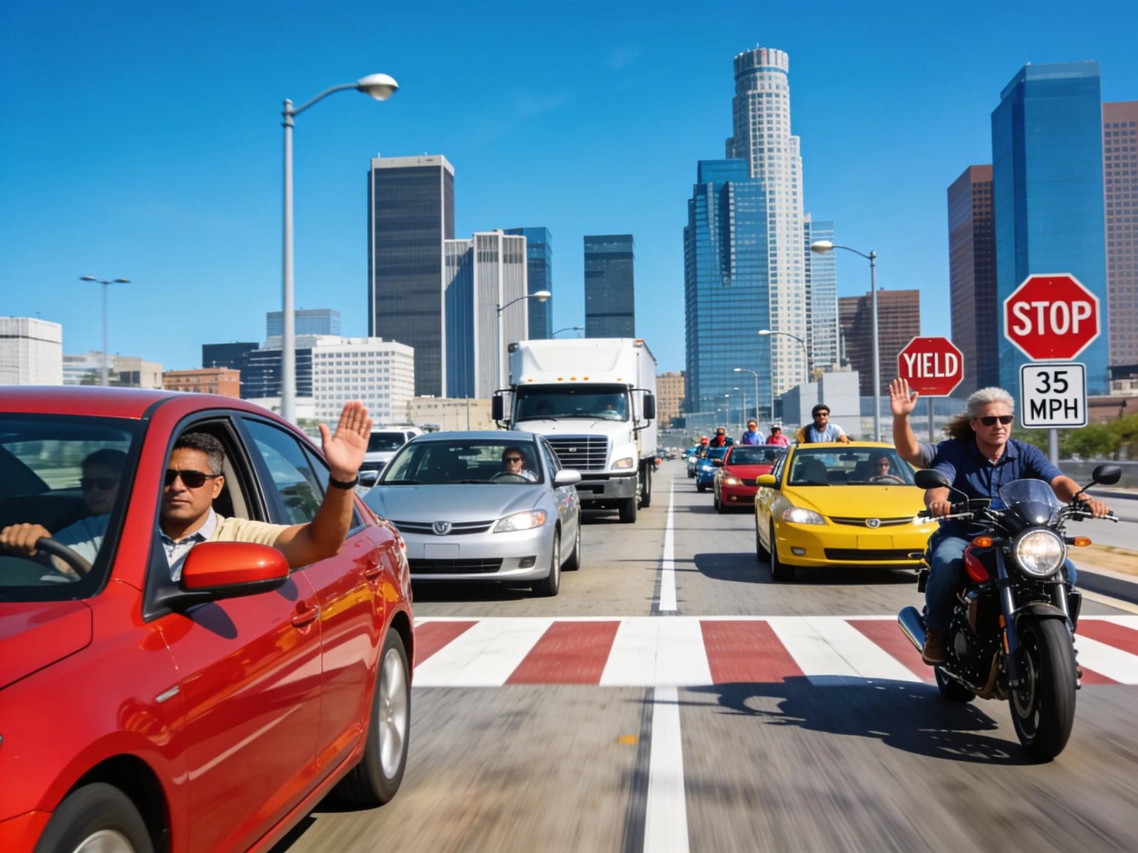Group of diverse drivers practicing advanced defensive driving skills in a busy urban environment