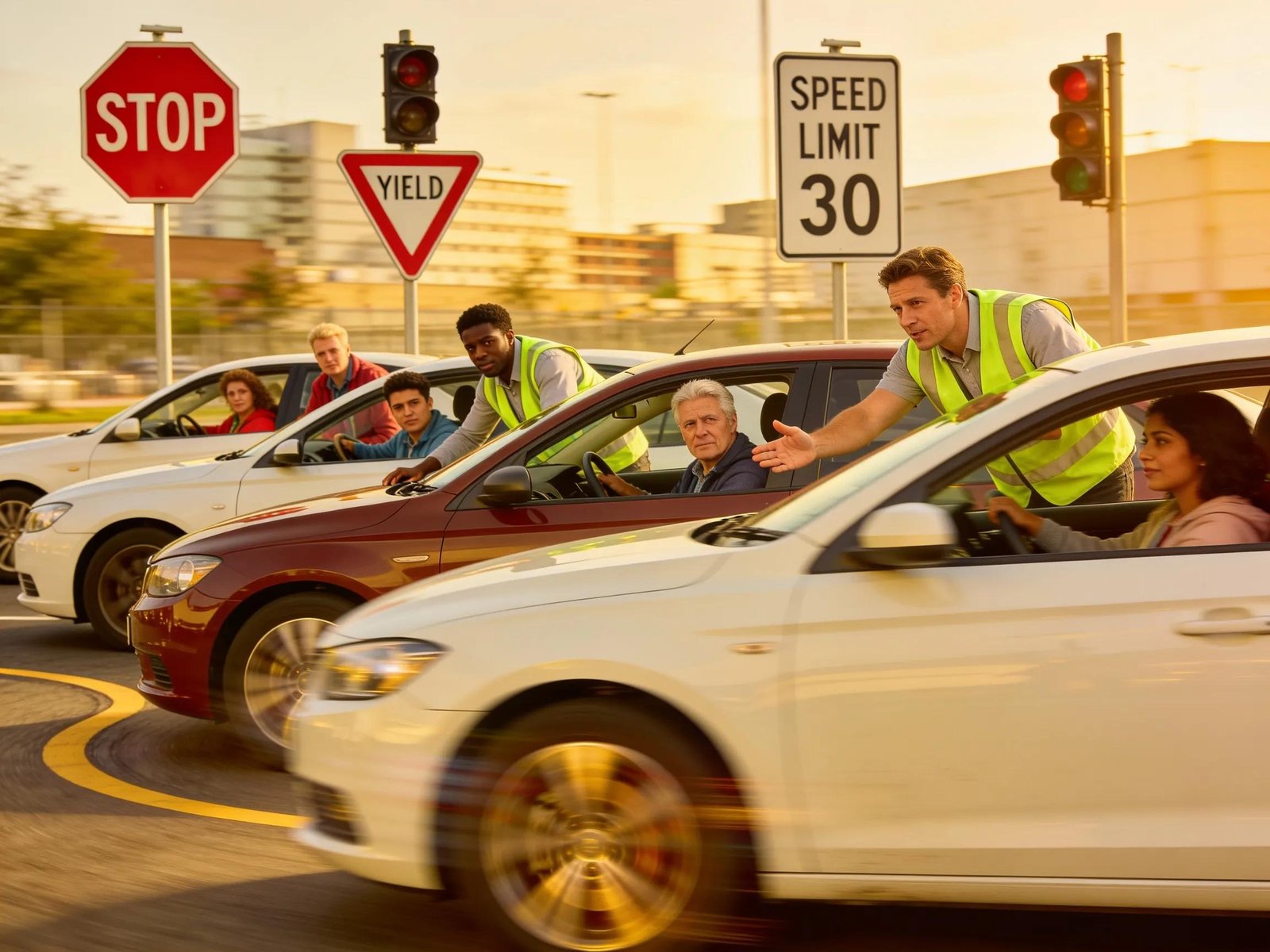 Group of learner drivers receiving guidance during a driving lesson in an urban setting