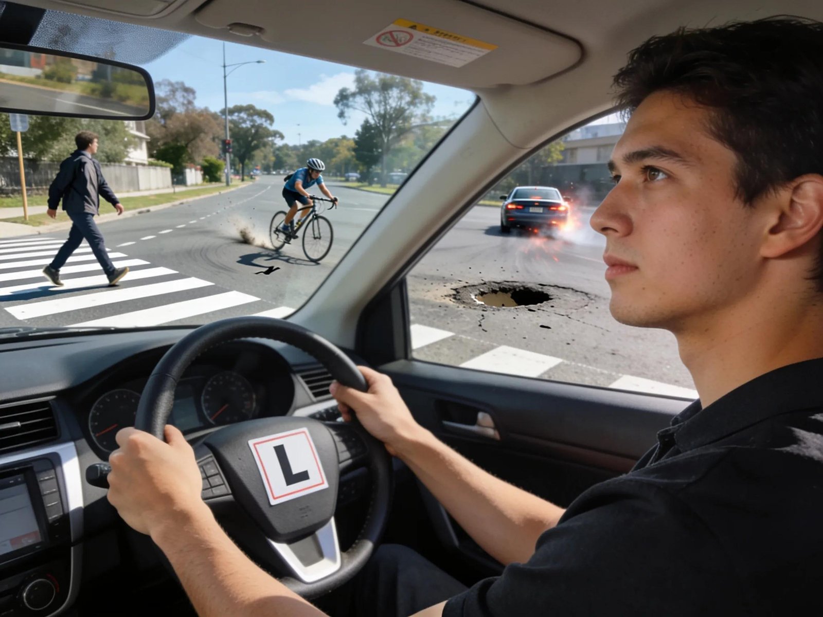 Learner driver practicing hazard perception in car with various road scenarios