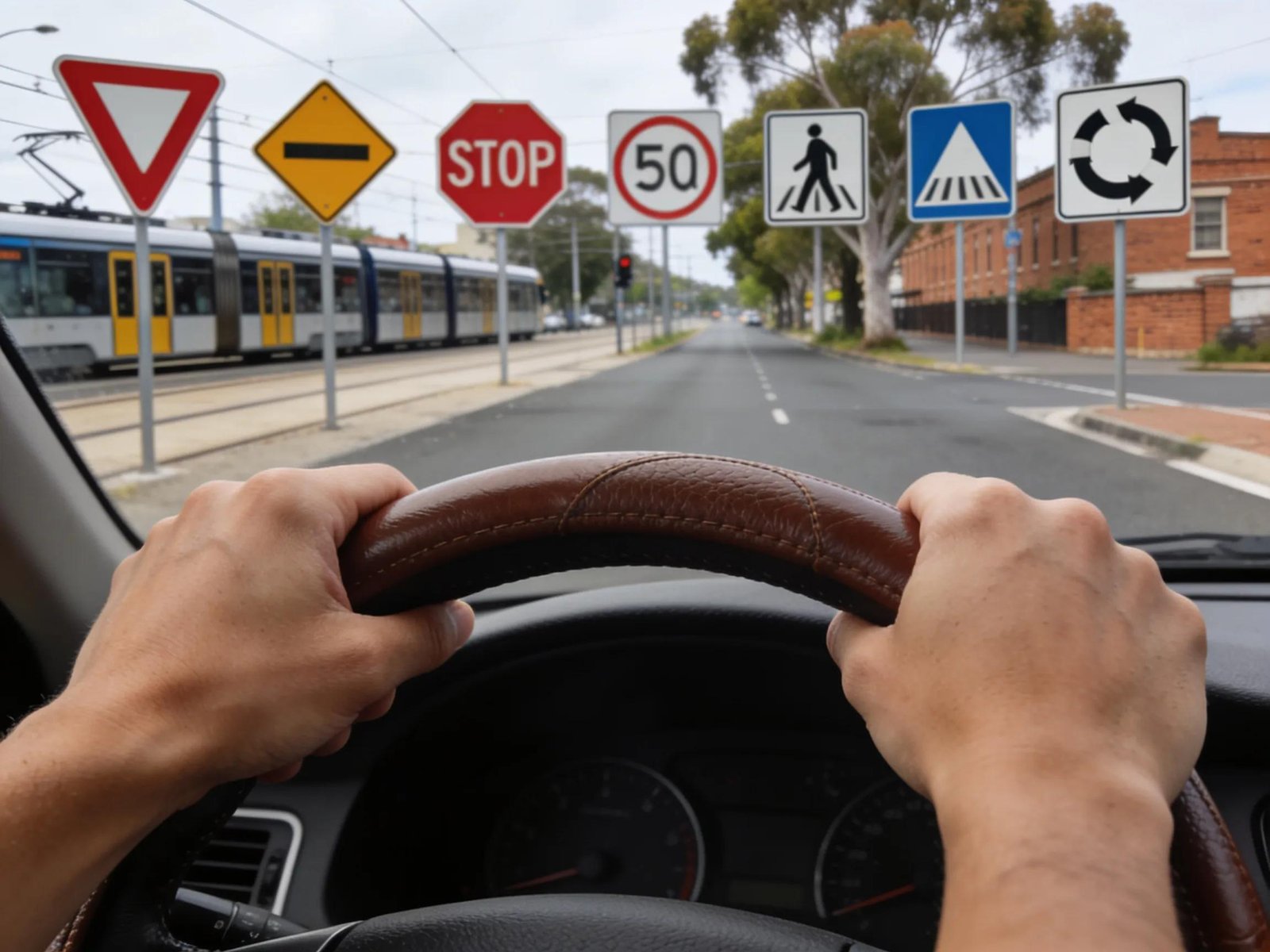 Close-up of a driver’s hands on the wheel with Melbourne road signs, representing passing tips for driving tests