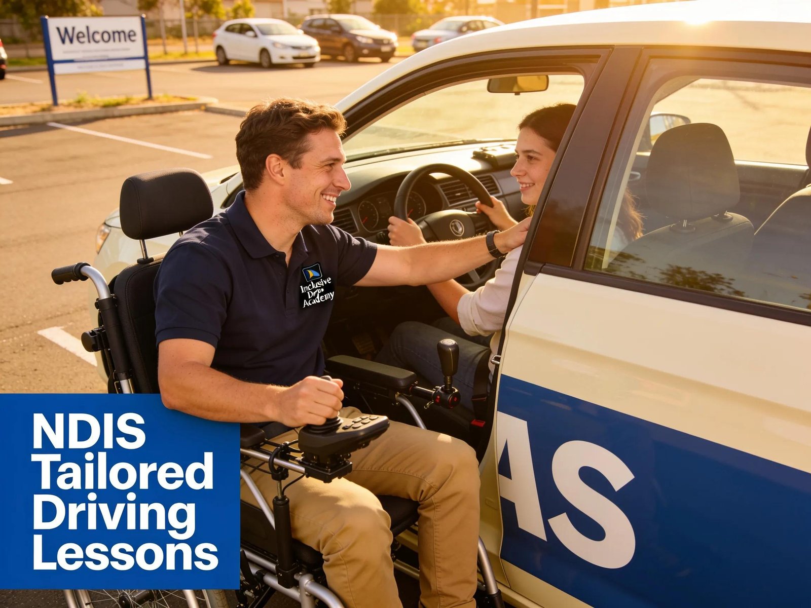 Instructor assisting a learner in a modified vehicle for NDIS driving lessons, highlighting specialized support