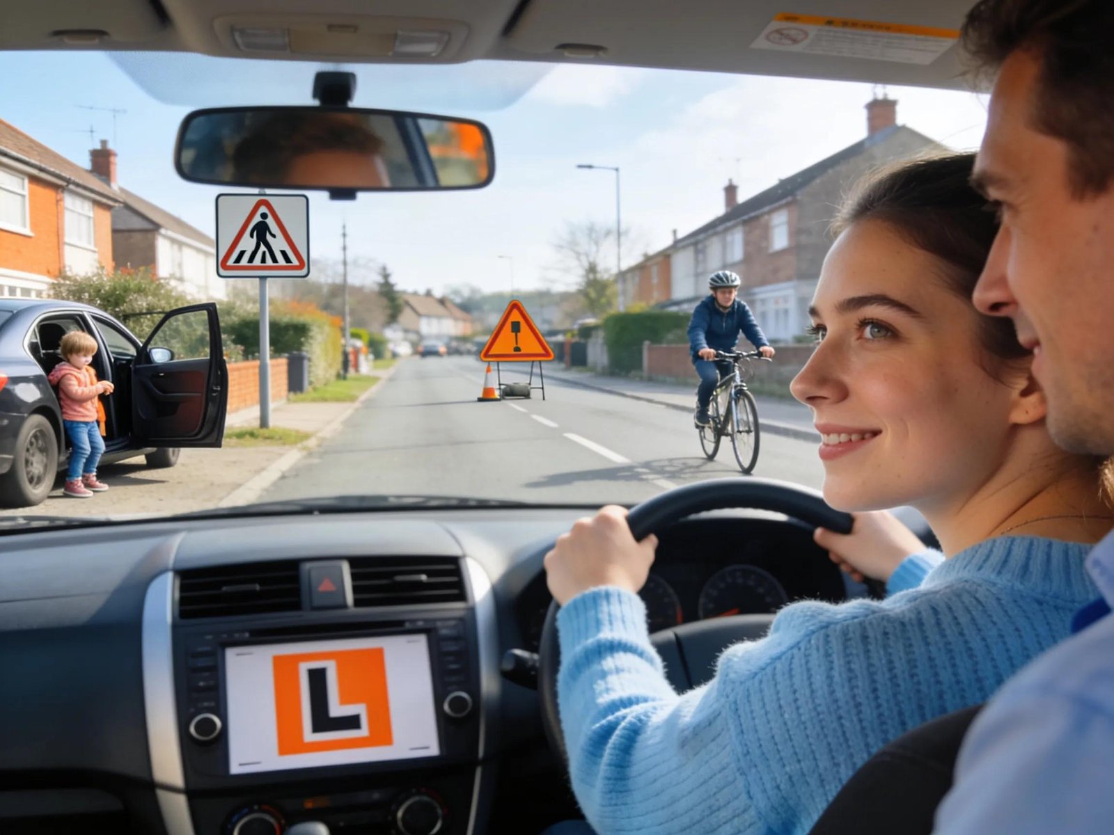Learner driver scanning the road for hazards during a driving lesson