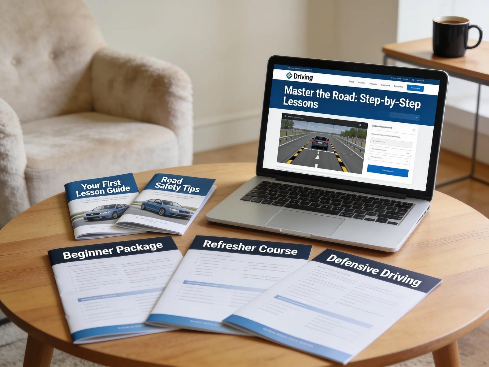 Driving lesson packages under review at a driving school, capturing a casual educational setting