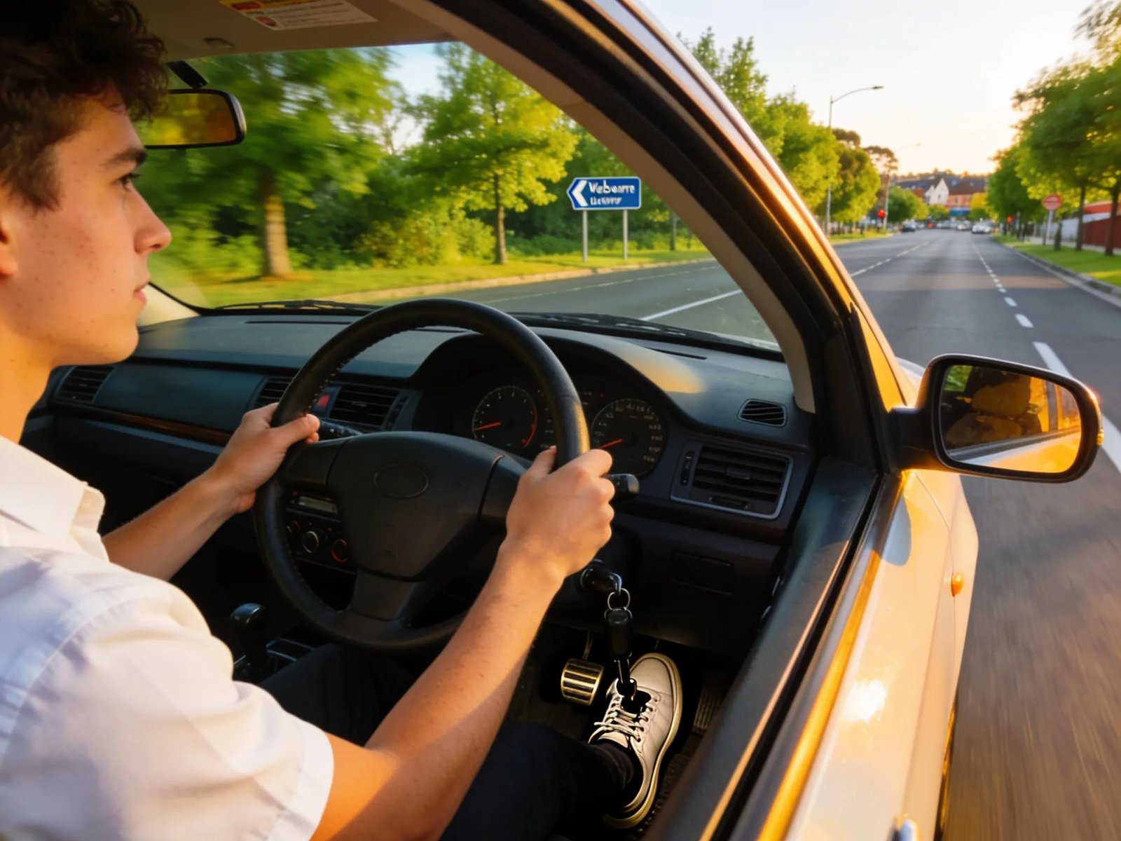 Student driver practicing manual transmission control in a safe Melbourne environment