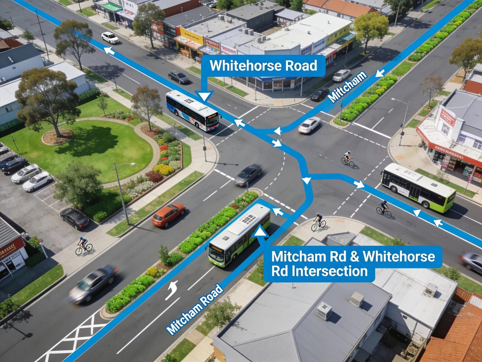 Aerial map view of VicRoads driving test routes in Mitcham