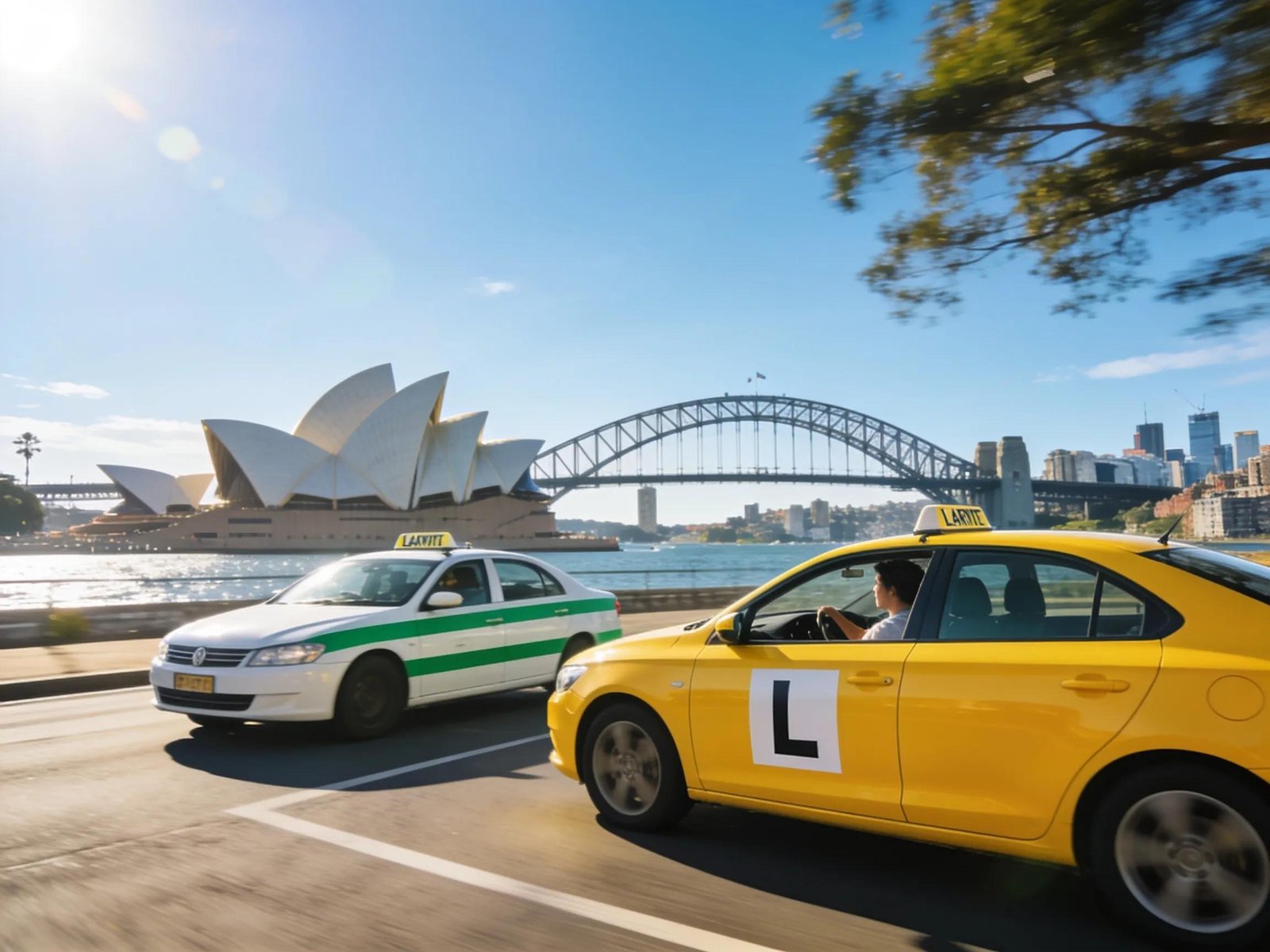 Learner driver practicing in Sydney with skyline backdrop, symbolizing driving test preparation