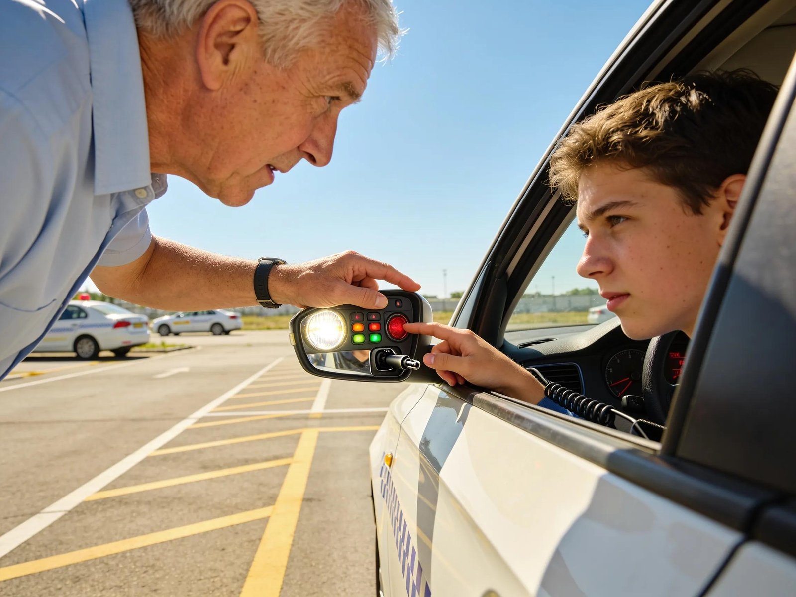 Learner driver checking VicRoads vehicle safety features during a pre-drive inspection