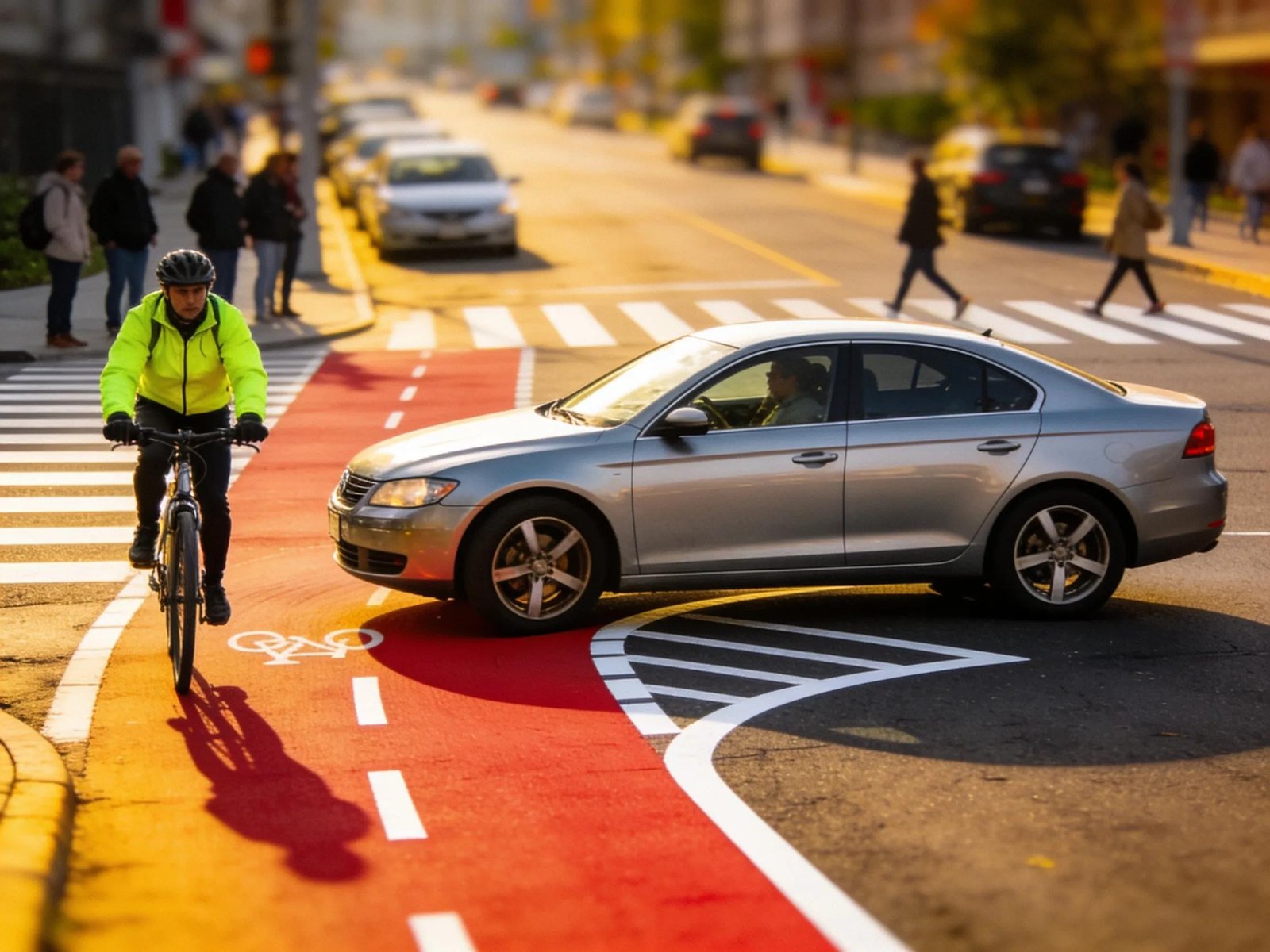 Cyclist in dedicated bike lane with a car yielding, showcasing safe interactions between motorists and cyclists