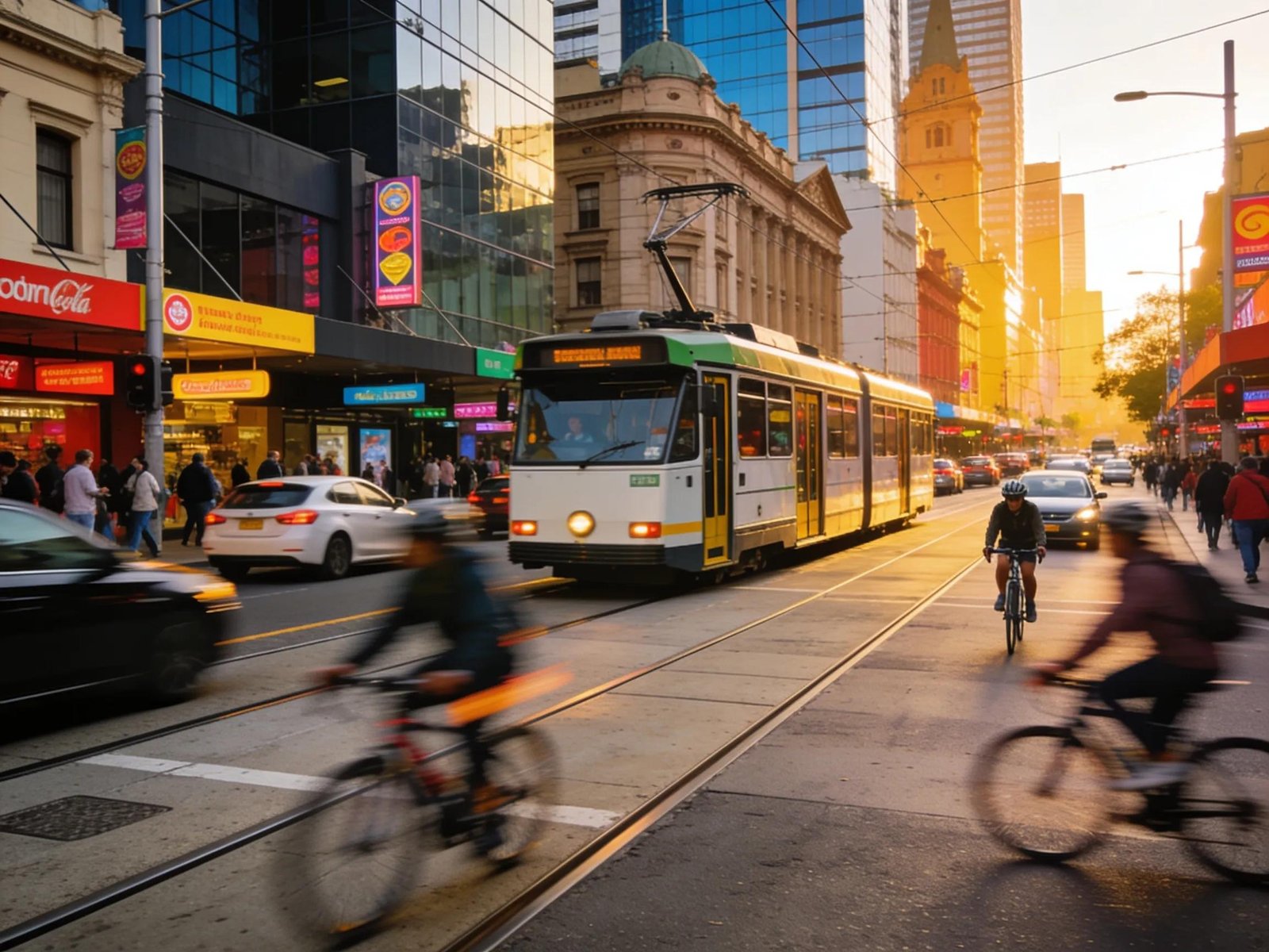 Melbourne urban driving scene featuring trams, cars, and cyclists, emphasizing safety and traffic dynamics