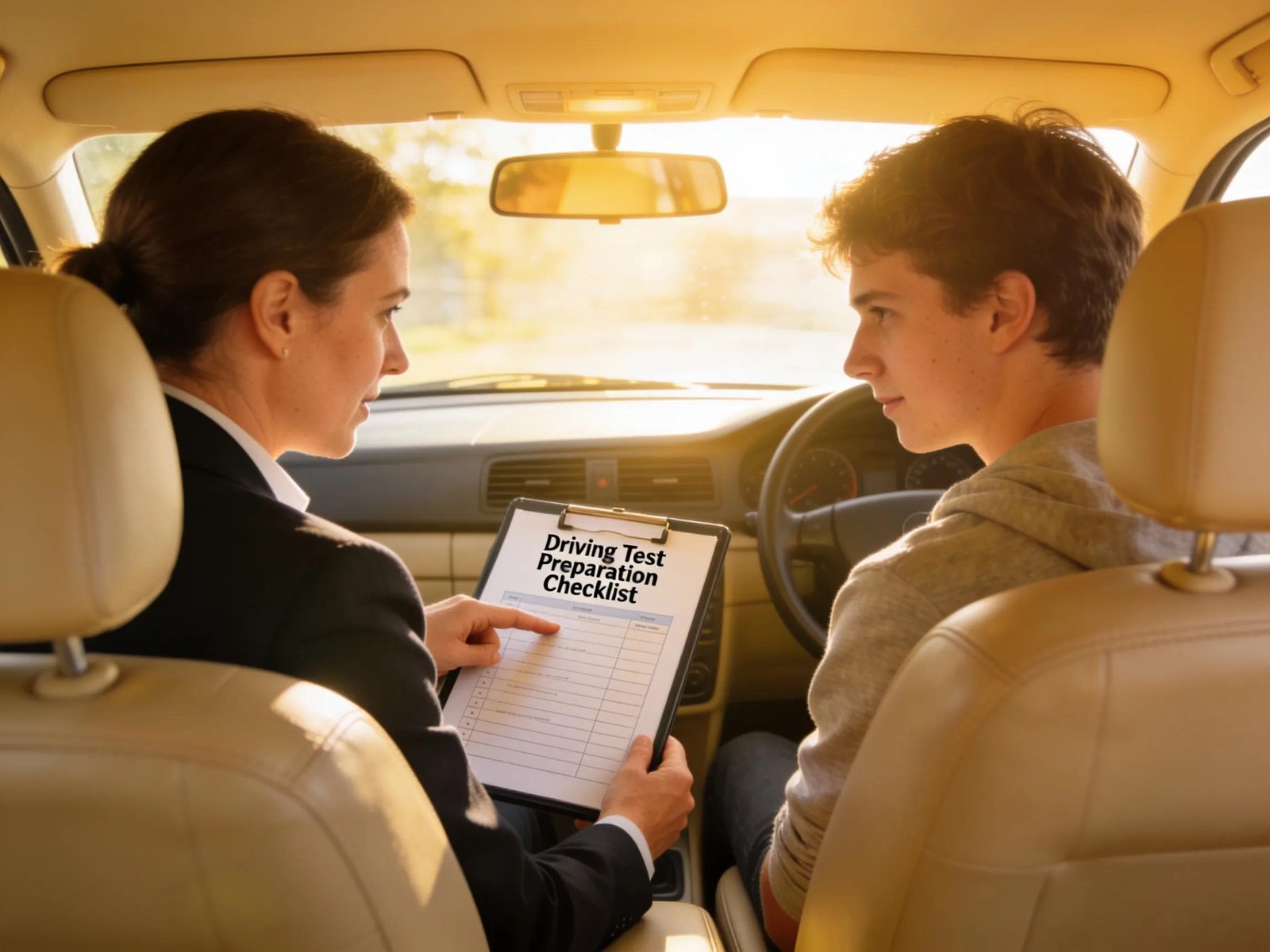 Driving instructor guiding learner driver with a checklist in car, highlighting test preparation