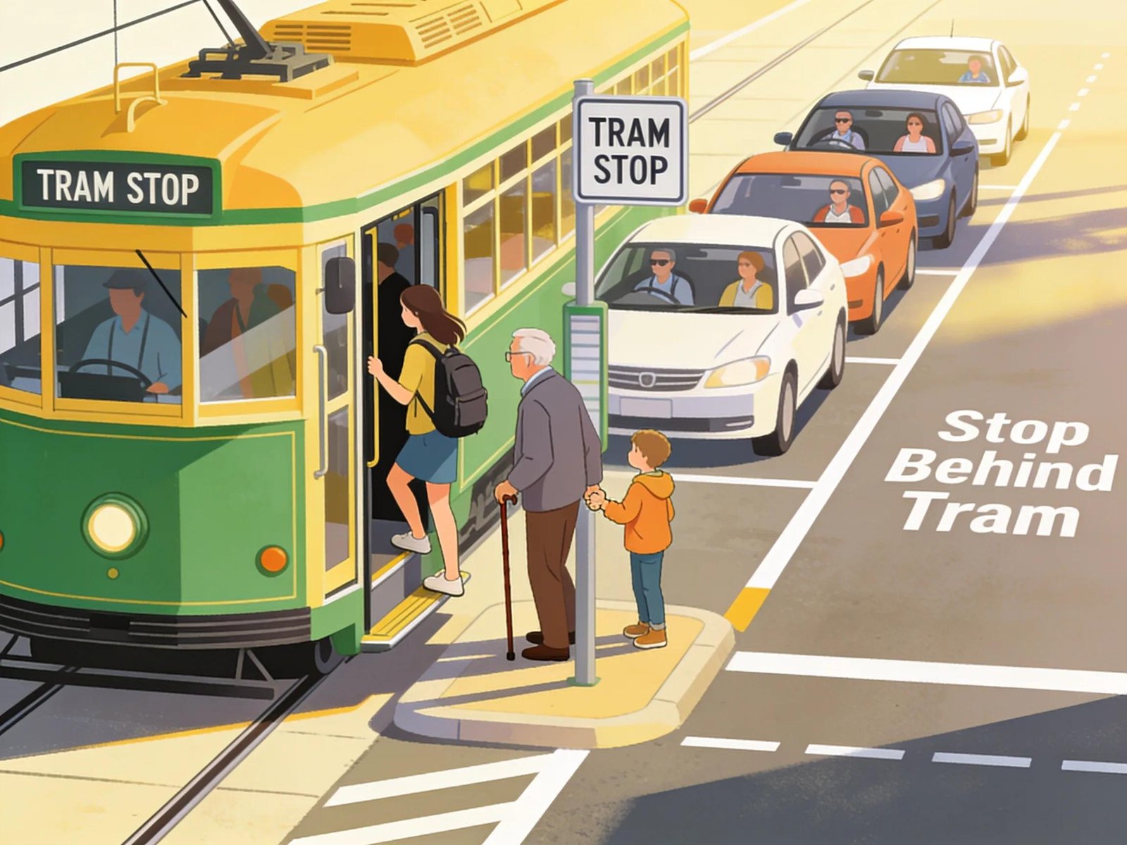 Melbourne tram at stop with motorists adhering to road rules, emphasizing tram safety and driver awareness