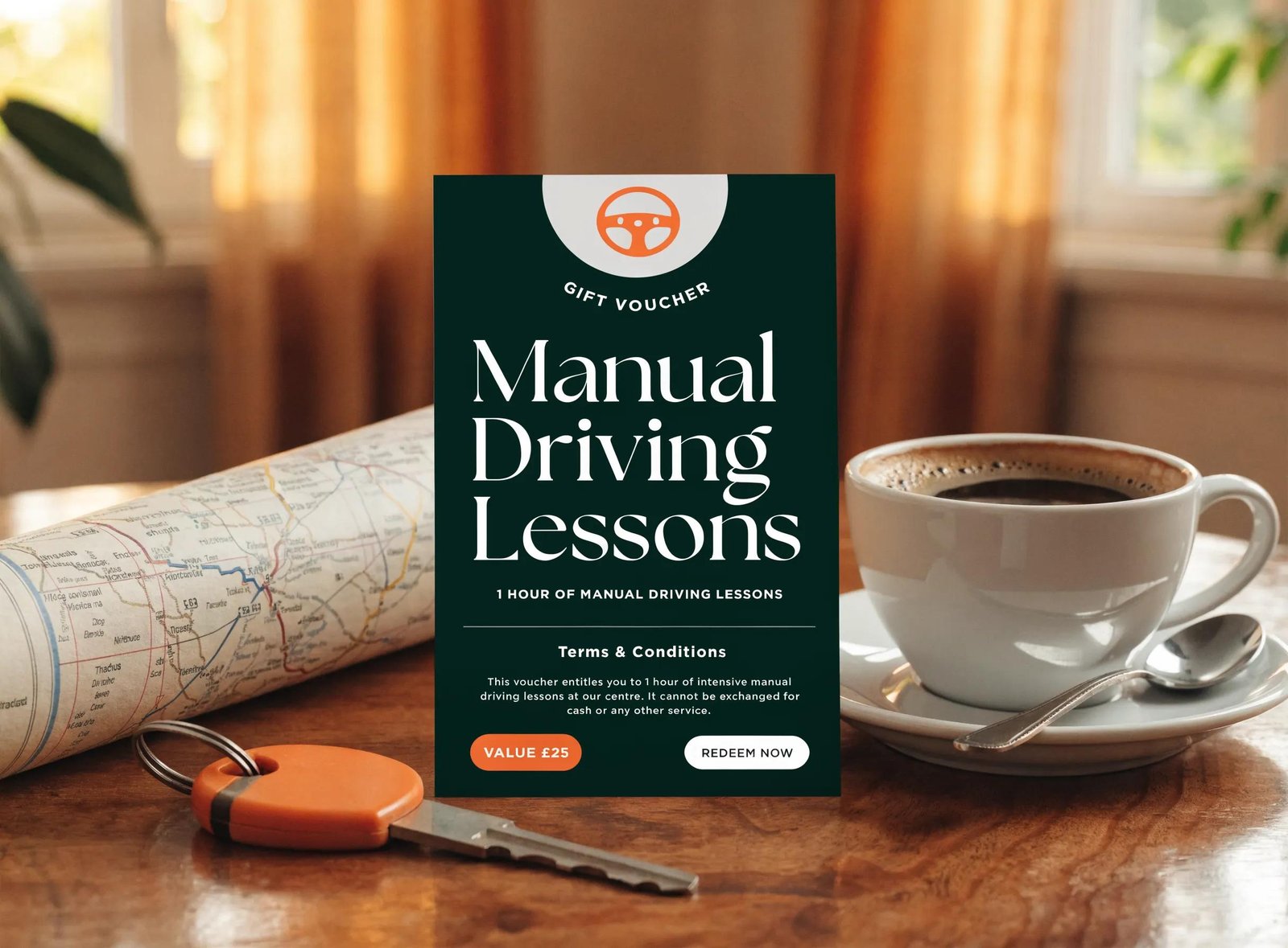 Gift voucher for manual driving lessons displayed with driving-related items and a warm coffee ambiance