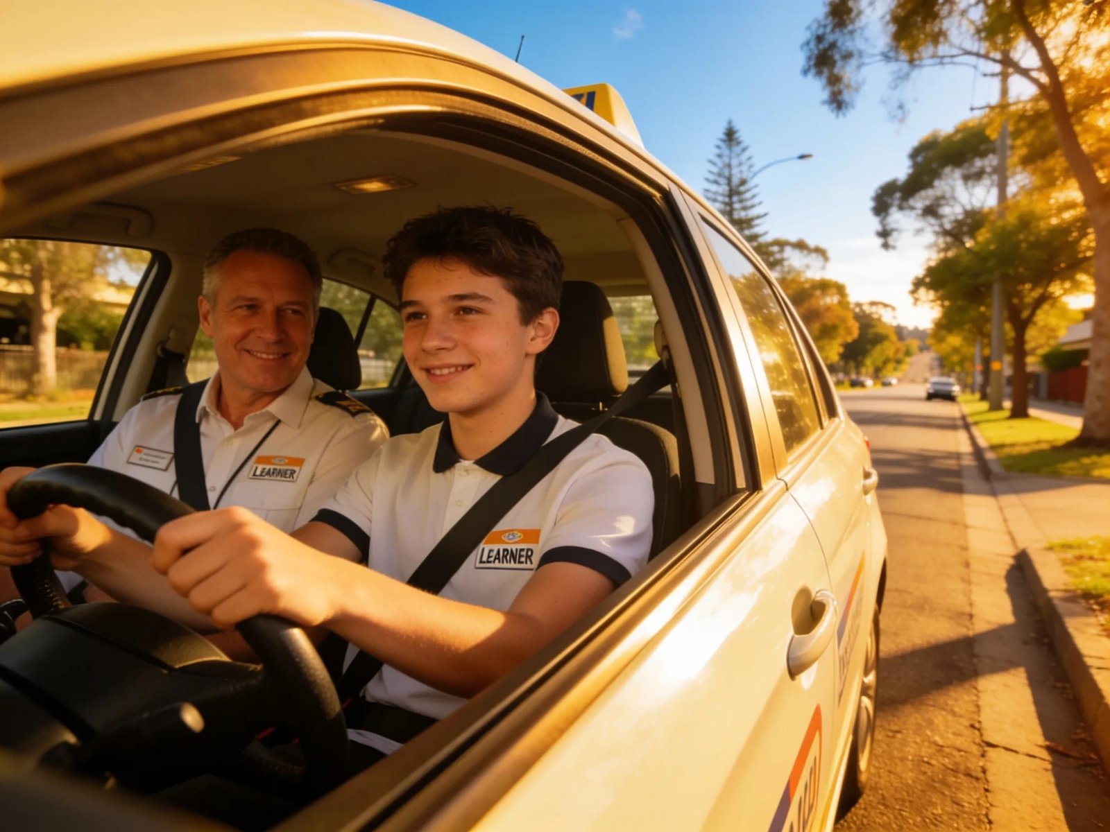Learner driver with instructor in a dual-control car in Melbourne, highlighting learner driving experience.