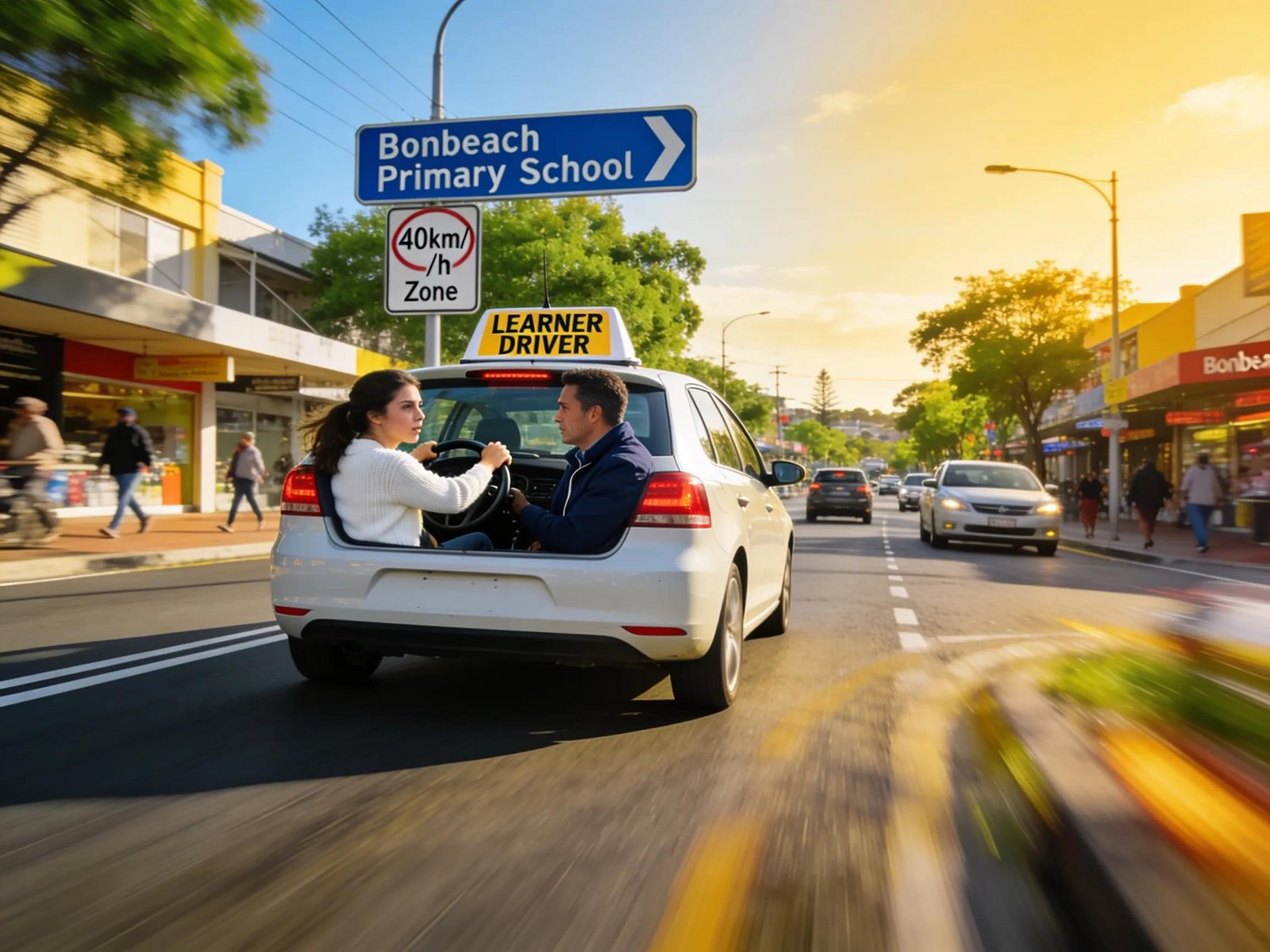 Learner driver in a dual-control car during a driving lesson in Bonbeach, showcasing driving instruction and local environment.
