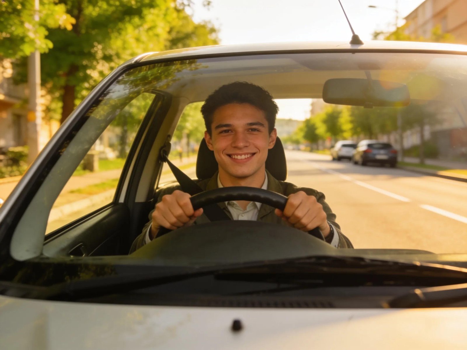 Young confident driver ready for a driving test in an urban setting