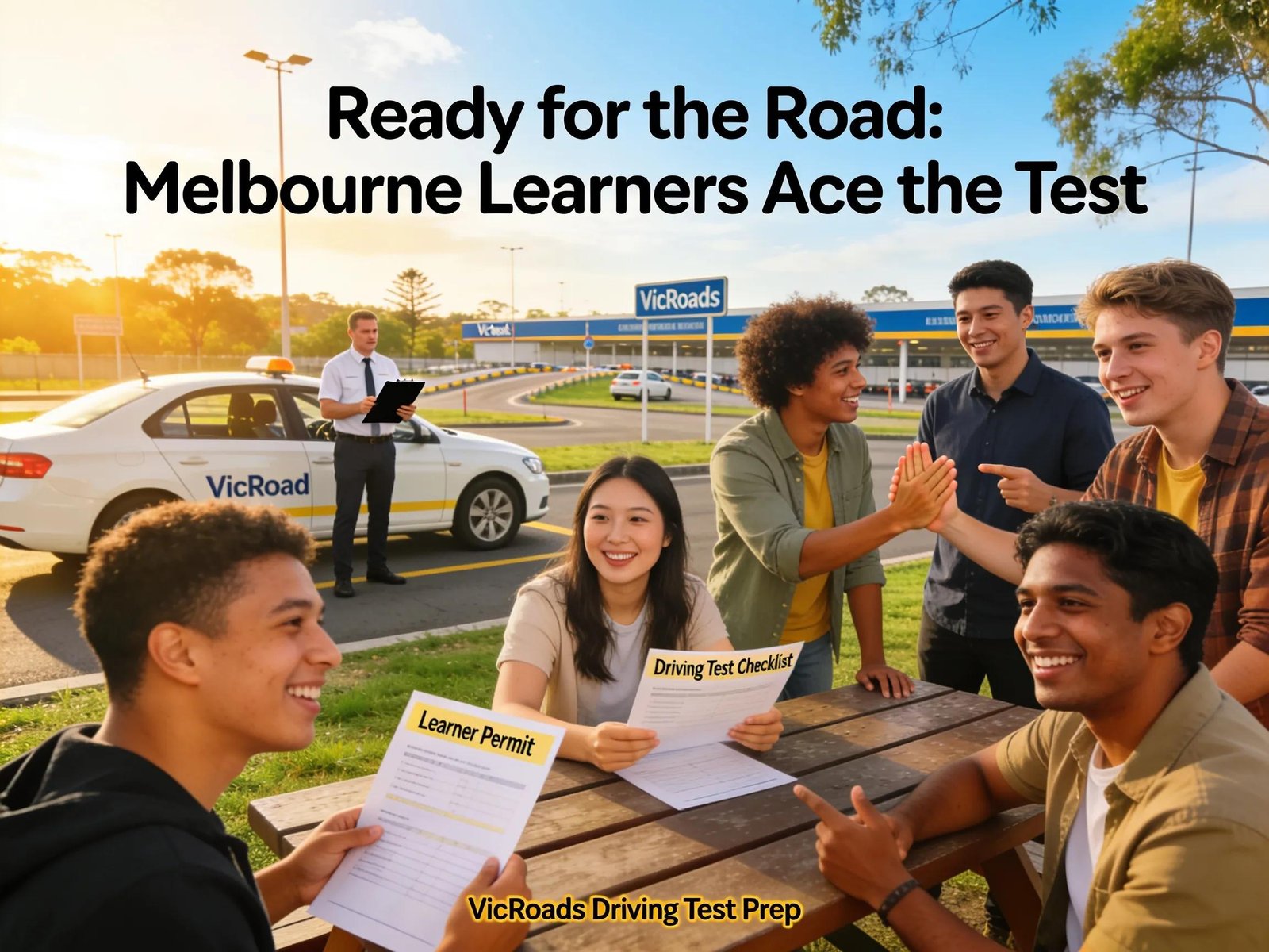 Diverse learner drivers preparing for VicRoads driving test in Melbourne, highlighting motivation and support