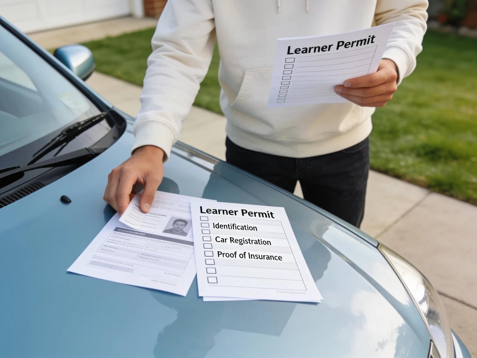 Preparation for driving test day, with essential documents and a checklist beside a well-maintained car