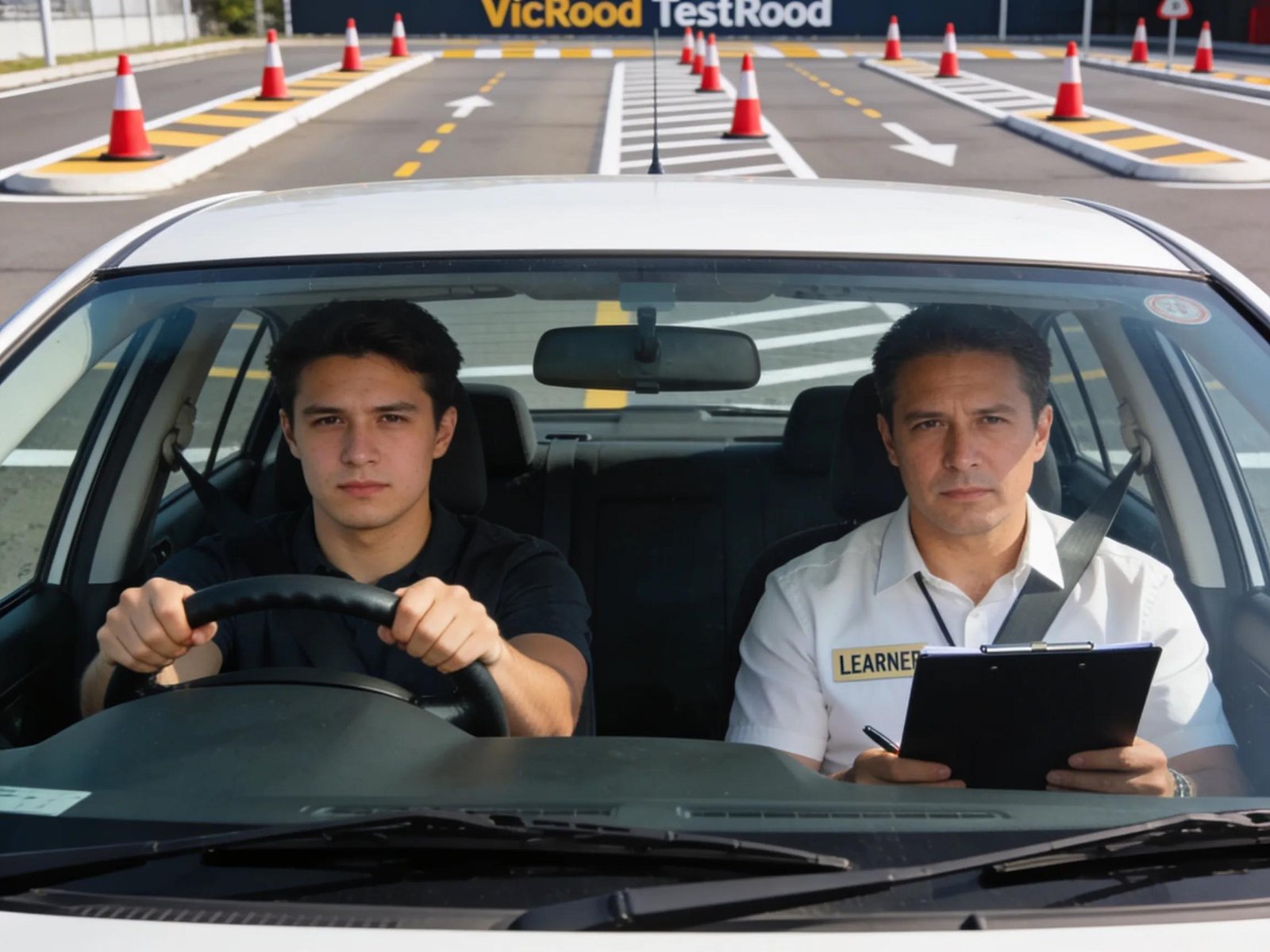 Learner driver practicing in VicRoads test area with instructor guidance