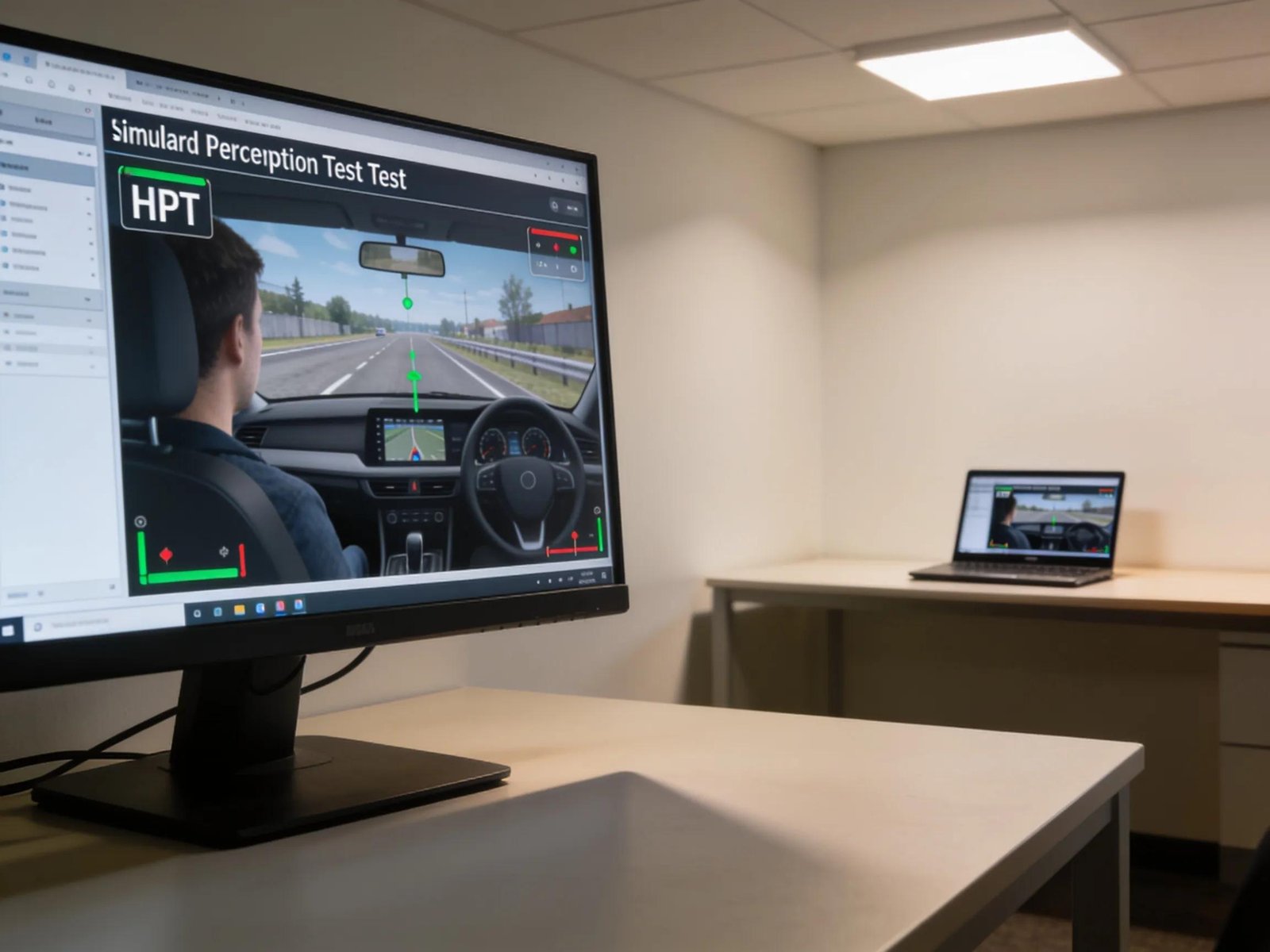Computer screen displaying a hazard perception test simulation with a learner driver
