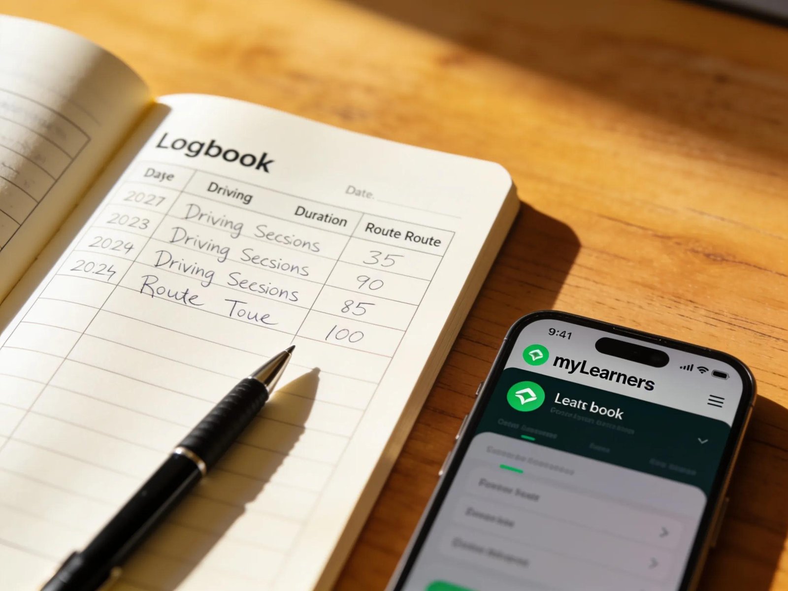 Open logbook with driving records and smartphone app, illustrating logbook hour completion.