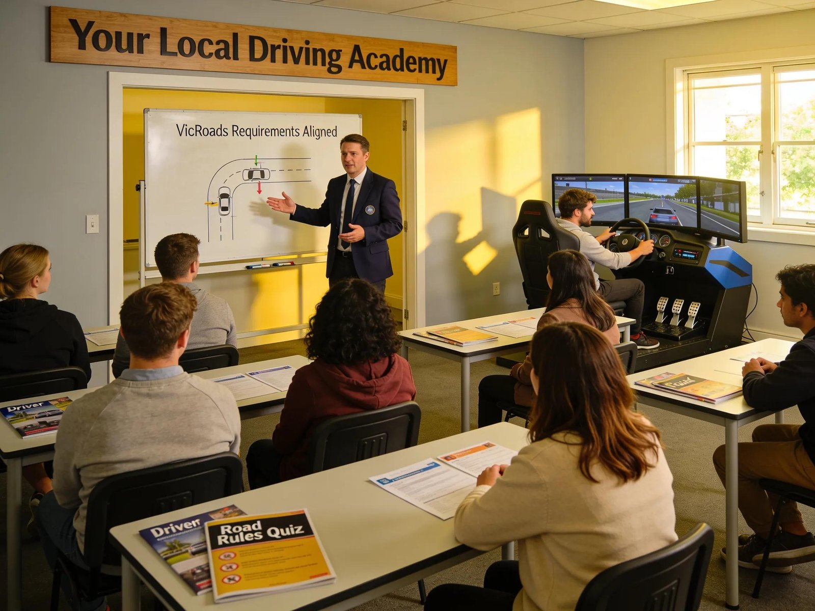 Diverse group of learner drivers in a classroom at Your Local Driving Academy learning driving skills