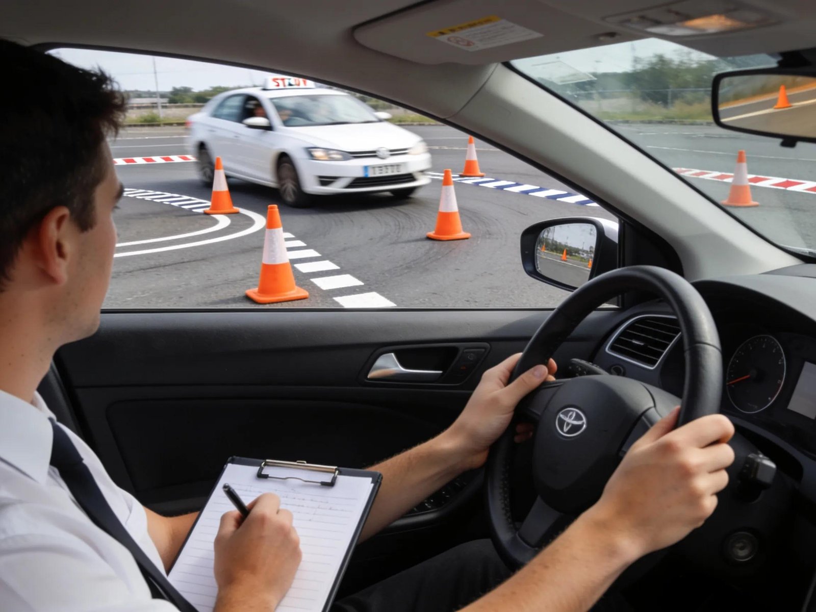 Driving test scenario with a learner driver demonstrating skills under assessment