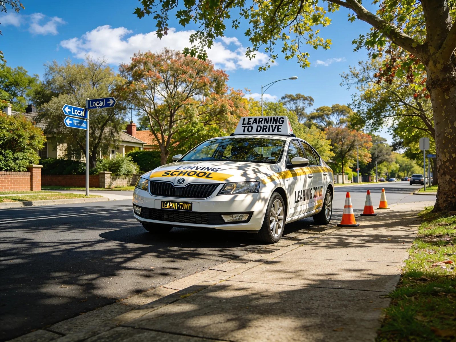 Driving school car in a Melbourne neighborhood symbolizing learner driver preparation.