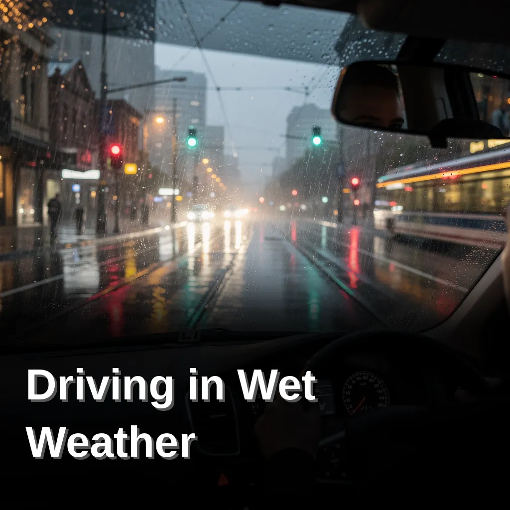 Learner driver navigating through rainy Melbourne streets, showcasing driving safety in wet weather