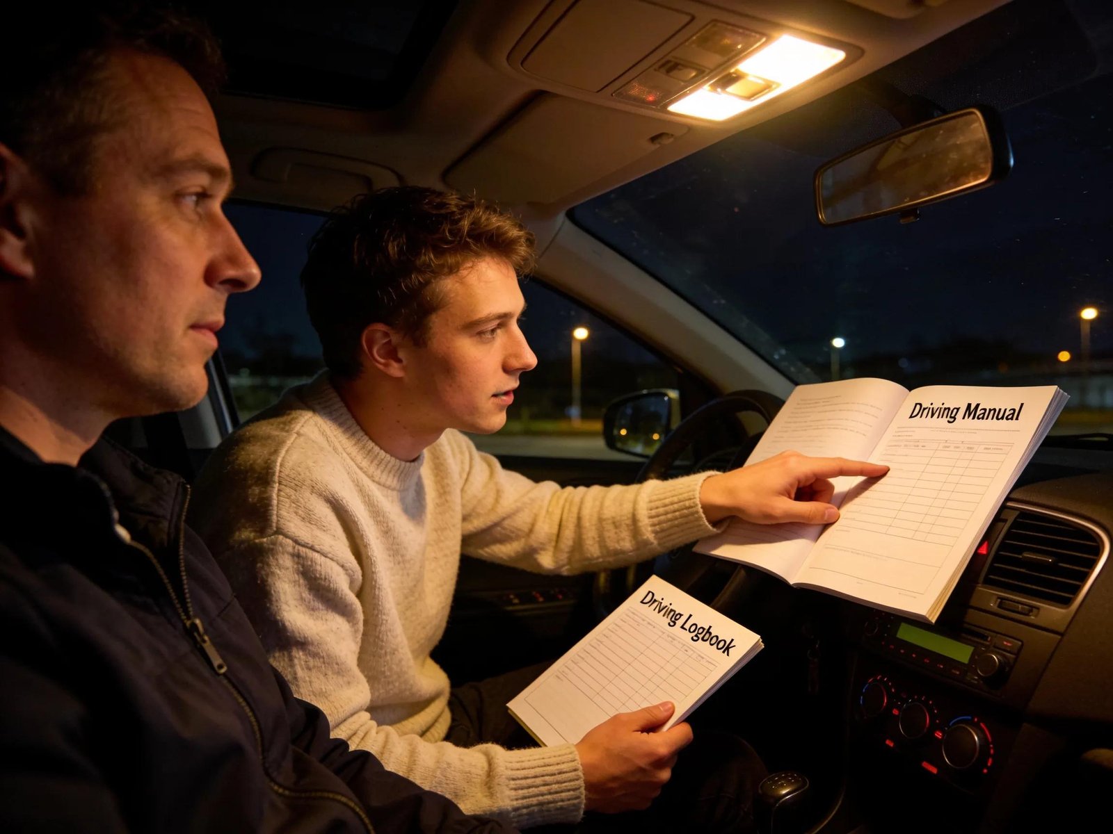 Driving instructor and learner discussing night driving lessons in a car, emphasising practical training for learner drivers