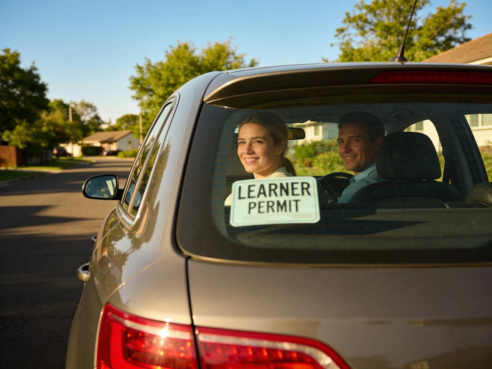 Learner driver practicing driving skills with an instructor in a suburban setting