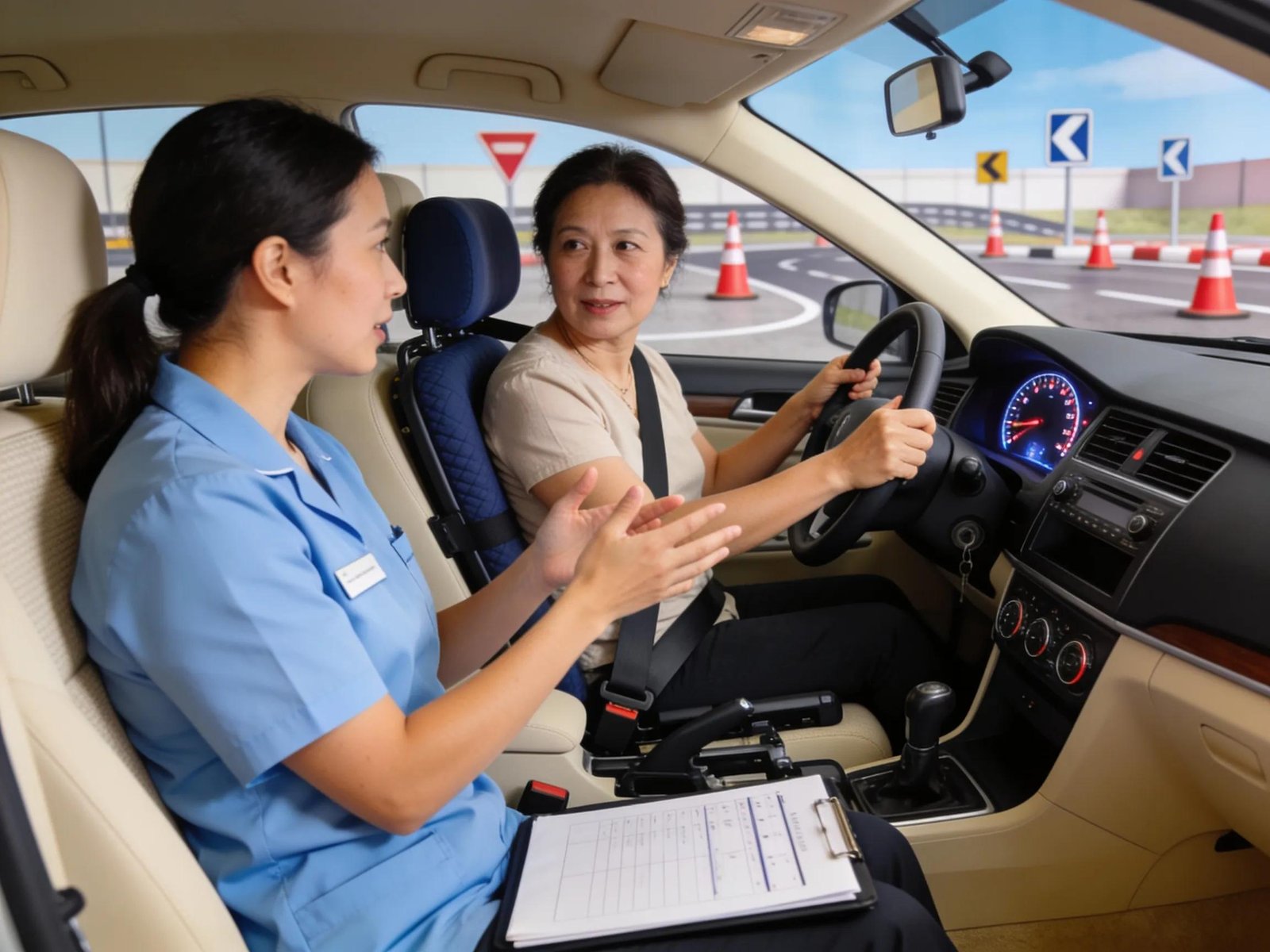 Occupational therapist assessing a learner's driving capabilities during a medical review readiness evaluation