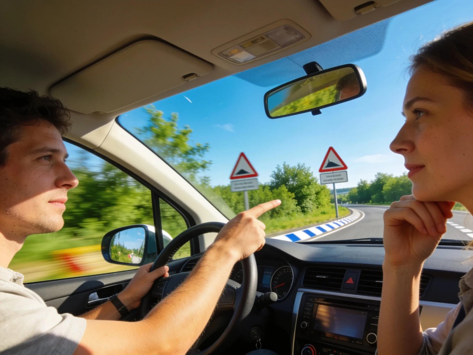 Learner driver practicing hazard perception driving with an instructor in a car