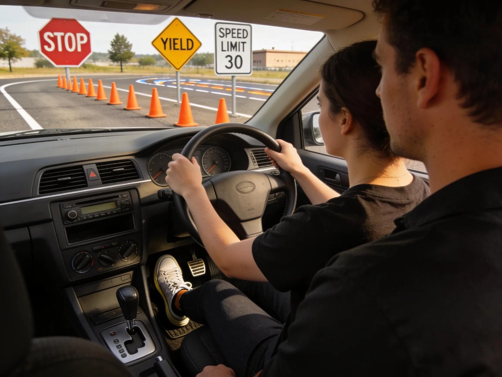 Driving test scenario with instructor assessing candidate skills in a manual vehicle