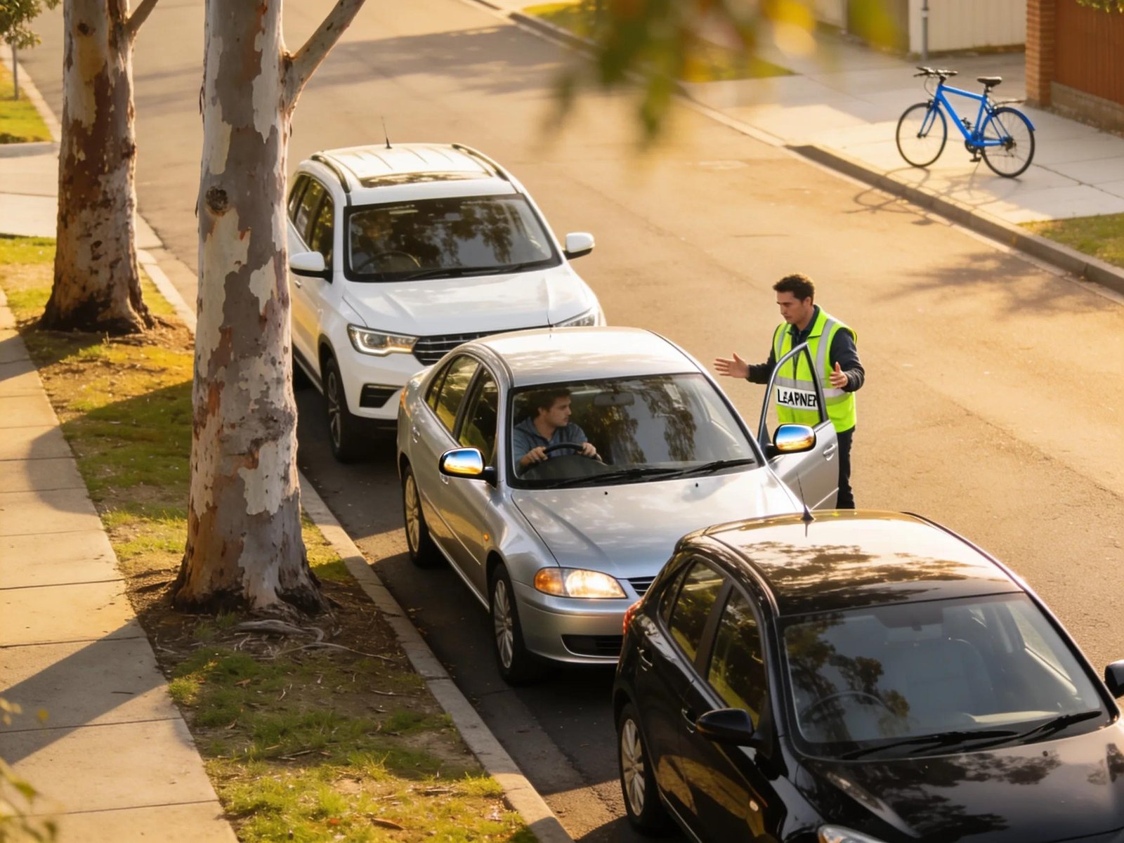 Learner practicing parallel parking under instructor's guidance in Frankston's residential area