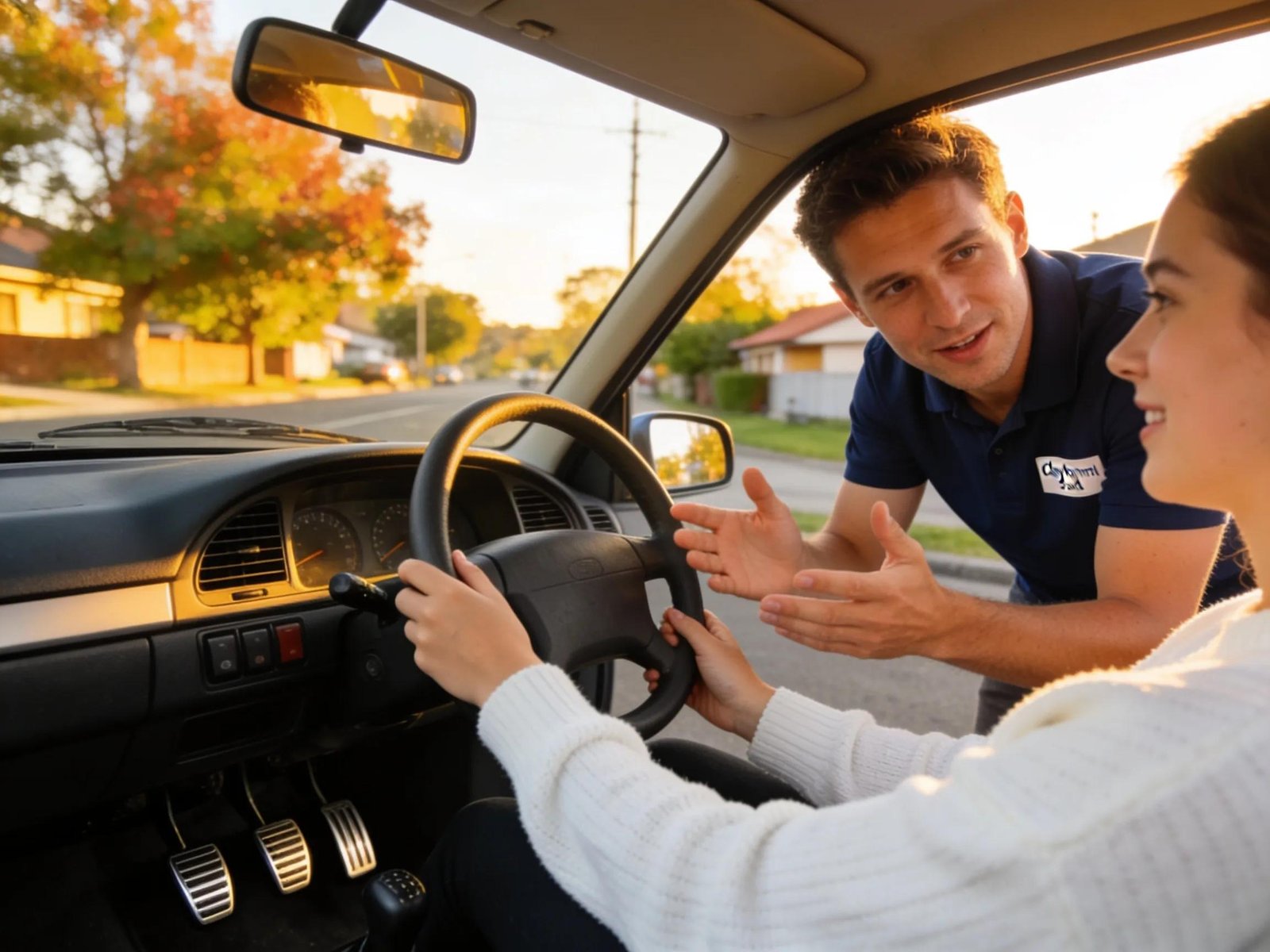 Driving instructor teaching learner driver in Clayton South vehicle