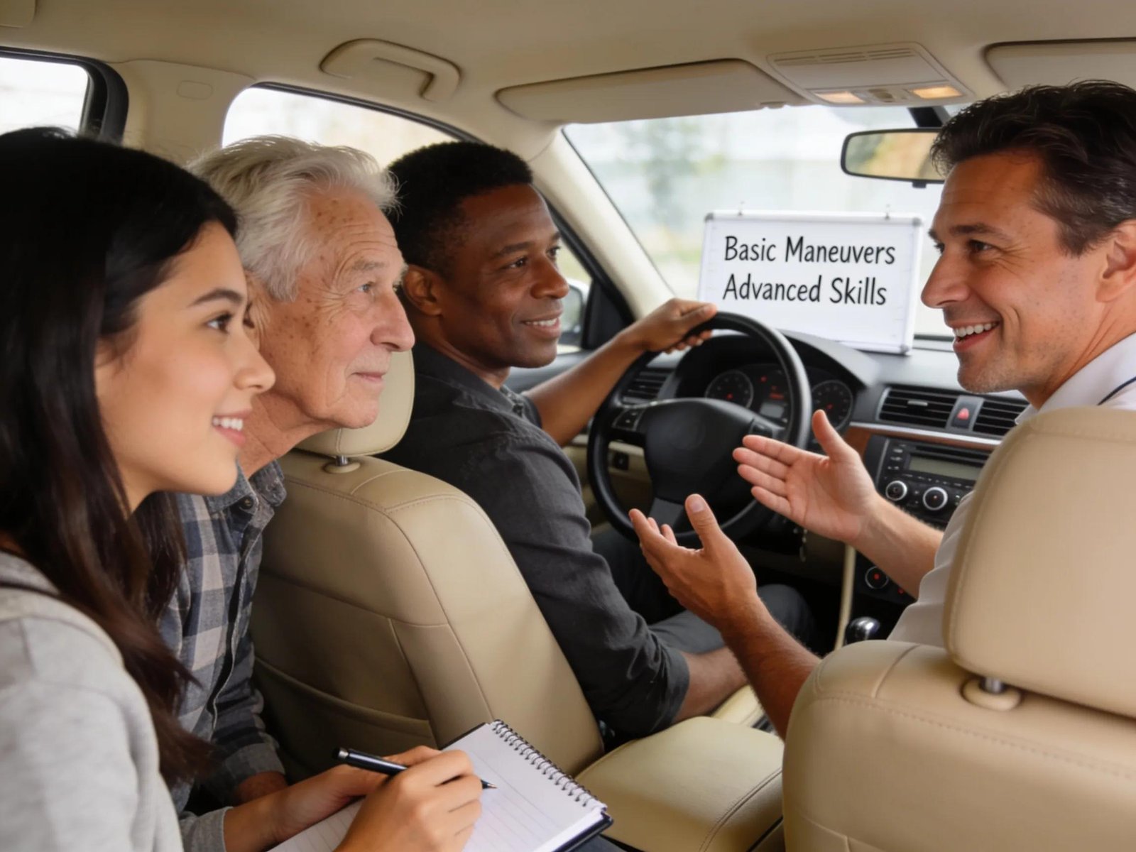 Driving instructor teaching a group of learners in a car, illustrating the concept of diverse driving lesson packages