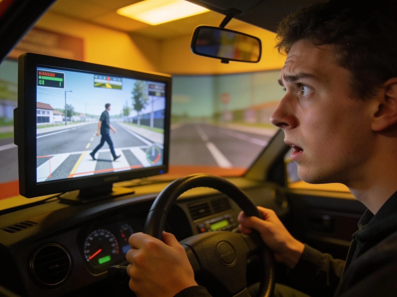 Learner driver in a mock test environment focusing on hazard detection
