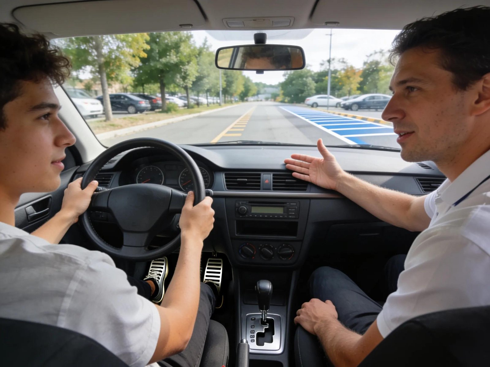 Learner practicing clutch control in a manual vehicle with instructor guidance