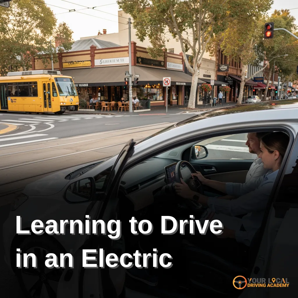 Learner driver in an electric vehicle with an instructor in an urban setting in Victoria