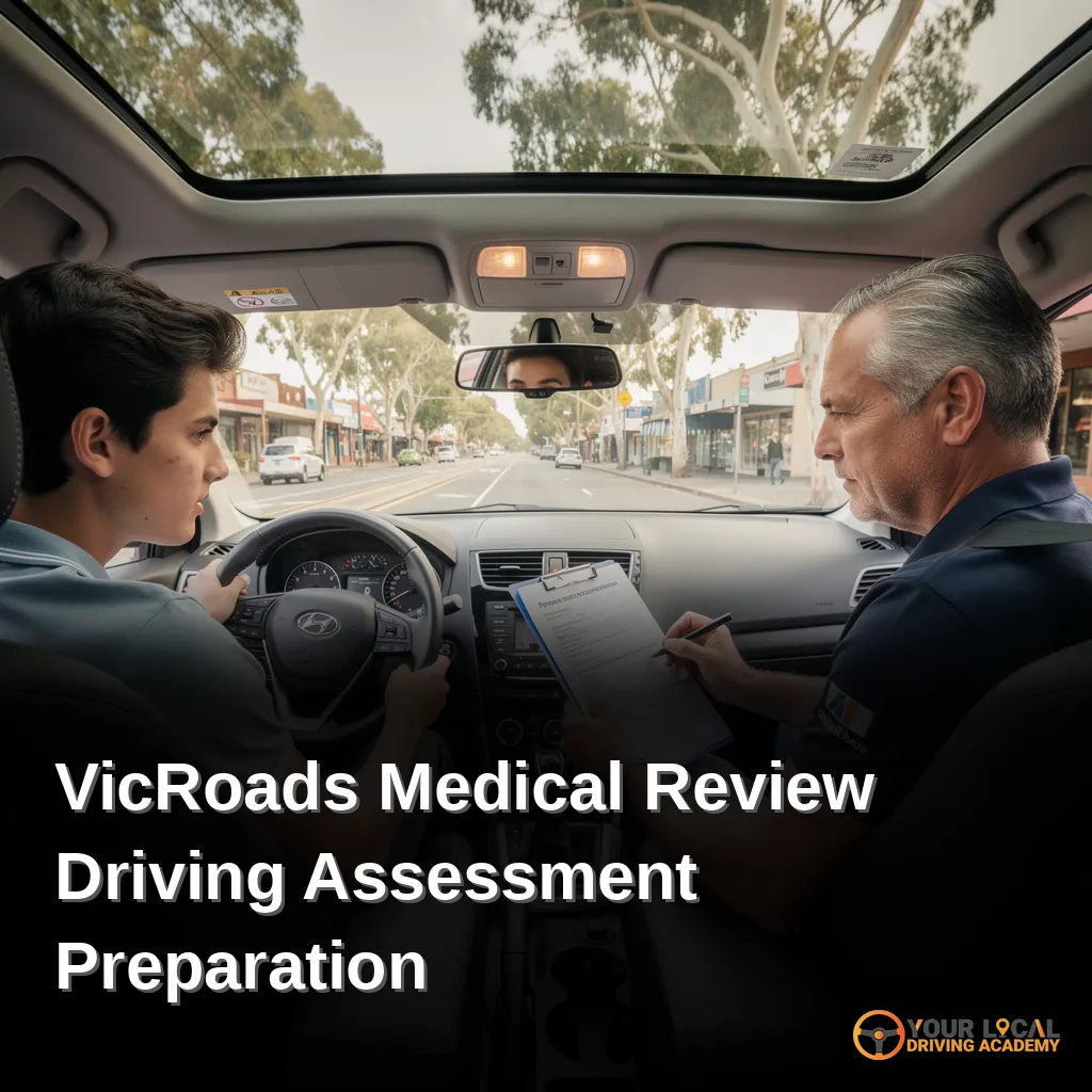 Learner and instructor in a dual-control car in Melbourne, promoting driving assessment preparation