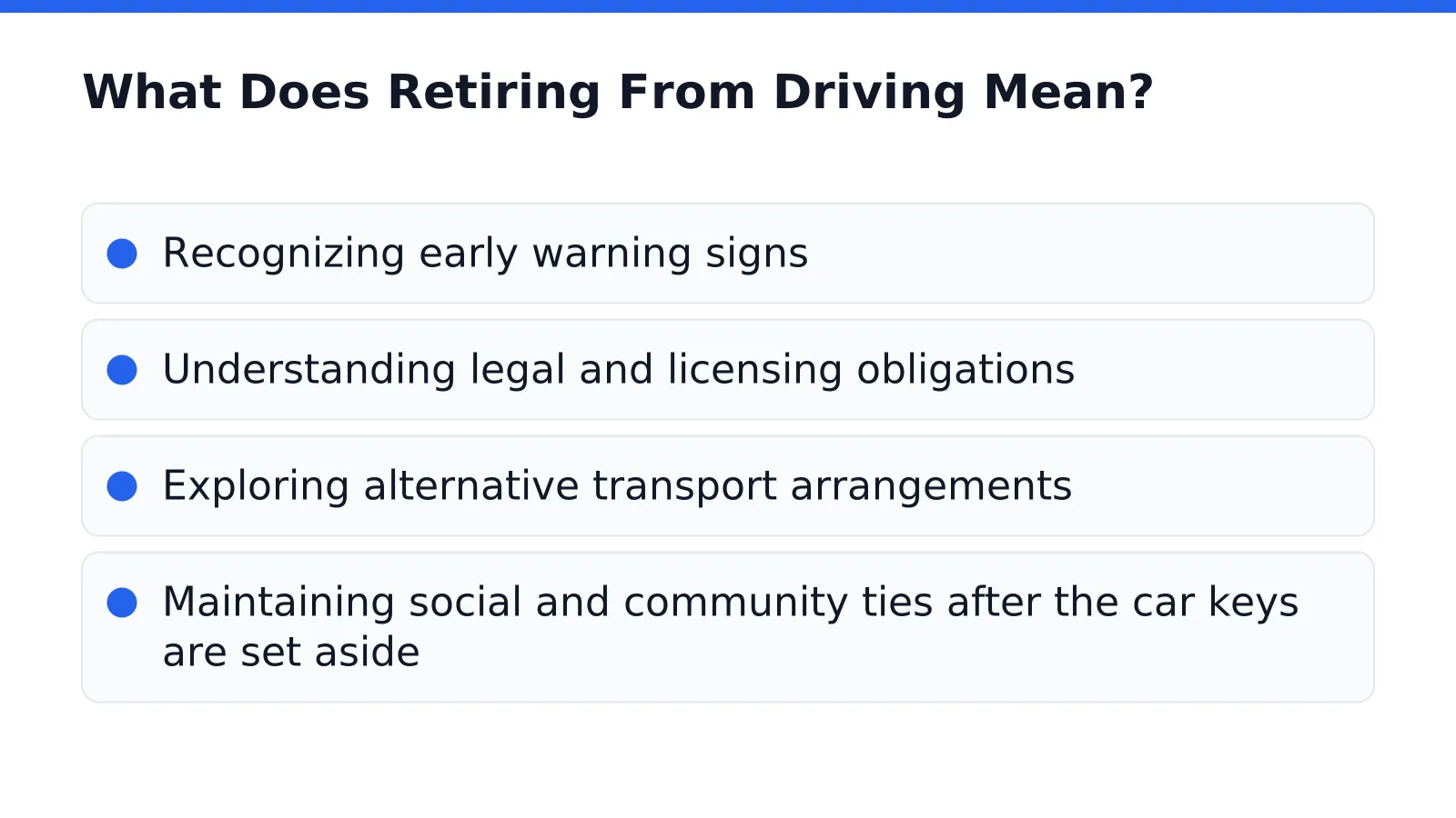 Retiring from driving describes a gradual, deliberate process rather than a sudden event. Melbourne families